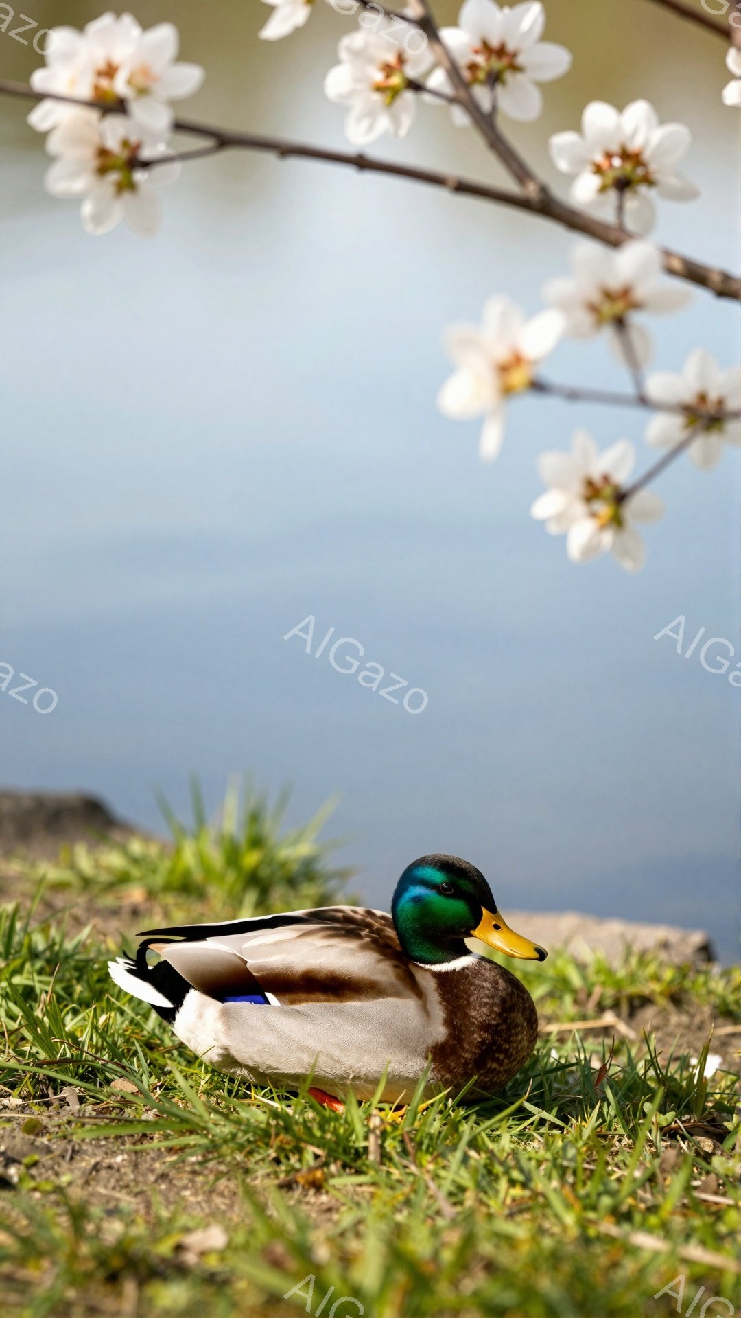 鮮やかな緑の草の上に、オスのマガモが横たわっています。背景には青い水面と、桜の花が咲き誇る枝があり、春の穏やかな雰囲気を醸し出しています。マガモの鮮やかな色彩が、柔らかい光の中で際立っています。