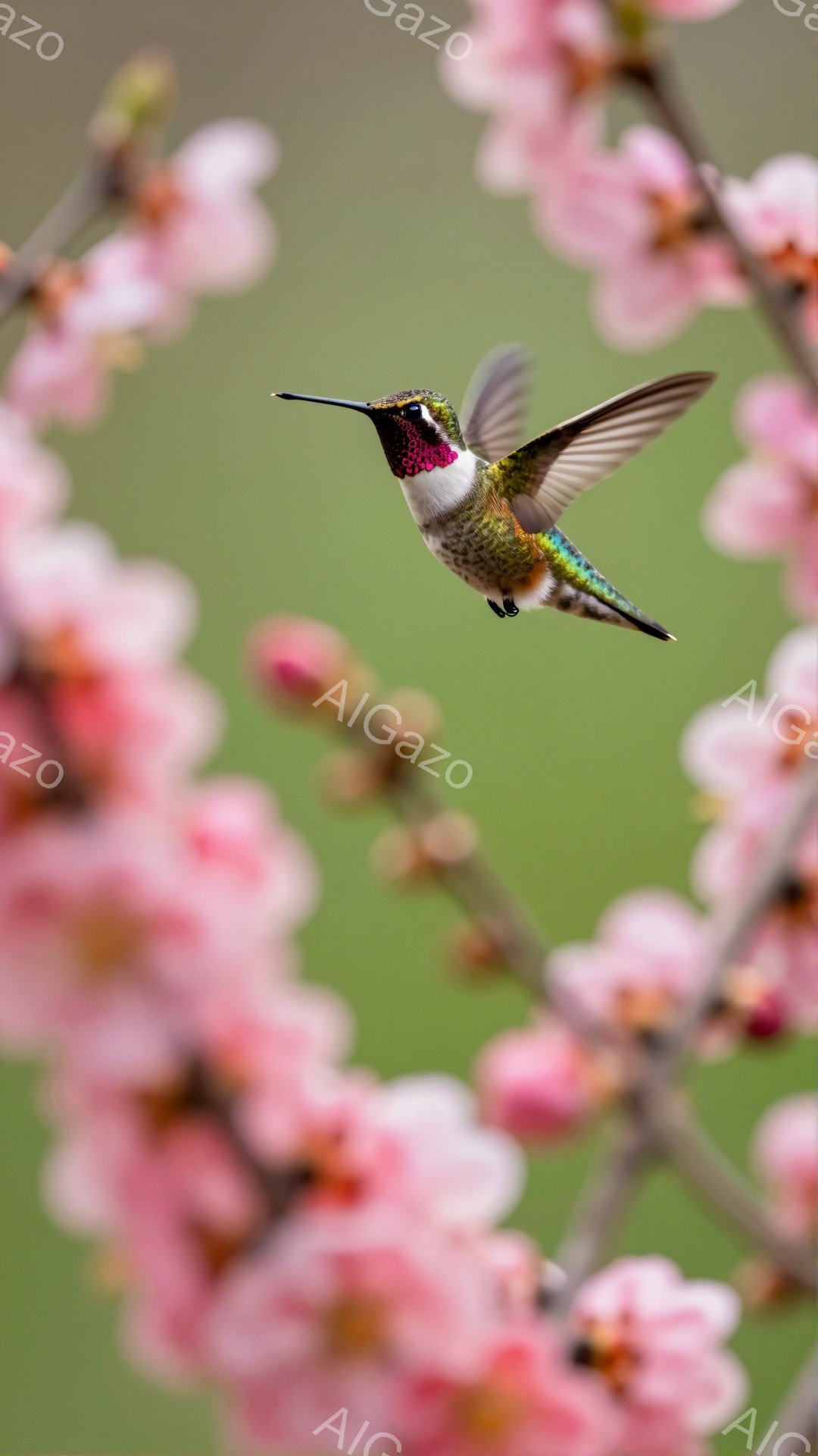 桜の花びらの中にいるハチドリが鮮やかに羽ばたいている。緑とピンクのコントラストが美しく、春の訪れを感じさせる。ハチドリの首の赤い模様が特に印象的である。 - AI生成フリー素材