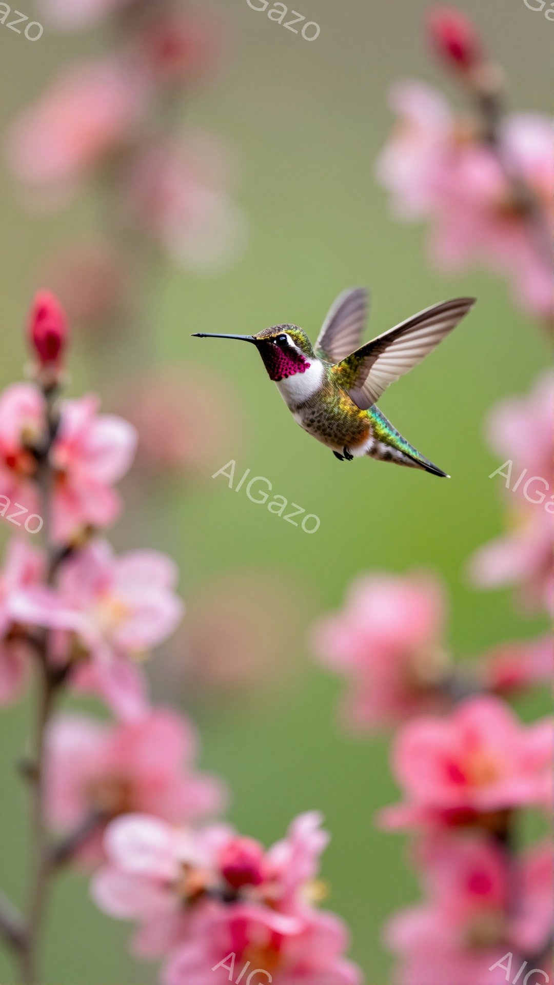 鮮やかなピンク色の花が咲き乱れる中、緑と赤の美しいハチドリが羽を広げ、蜜を求めて飛んでいます。背景はぼかされており、ハチドリが際立っています。春の暖かく穏やかな雰囲気が感じられます。