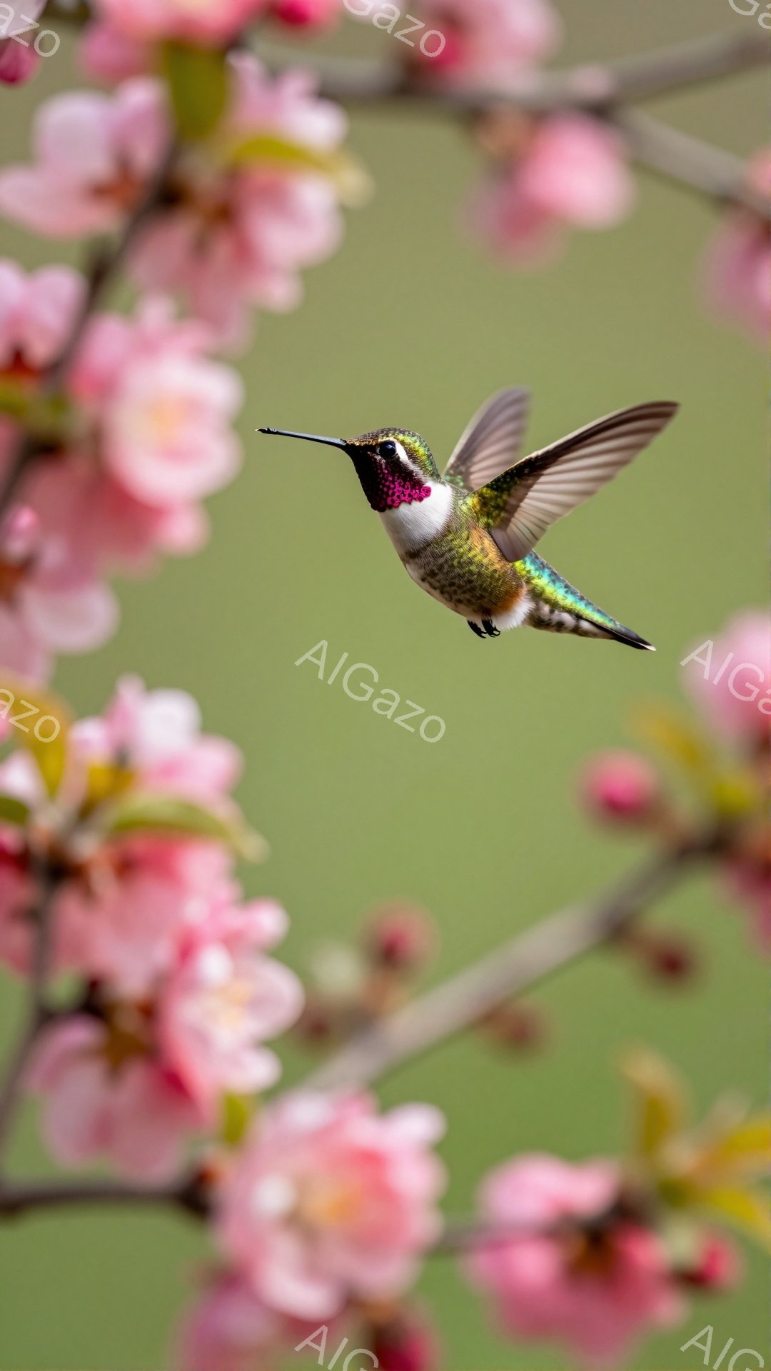 ピンク色の桜の花びらが咲き誇る中で、緑と赤の美しいハチドリが舞っている。翼を大きく広げ、まるで宝石のように輝く姿は、春の息吹を感じさせる。背景の淡い光が、その優雅さをさらに引き立てている。