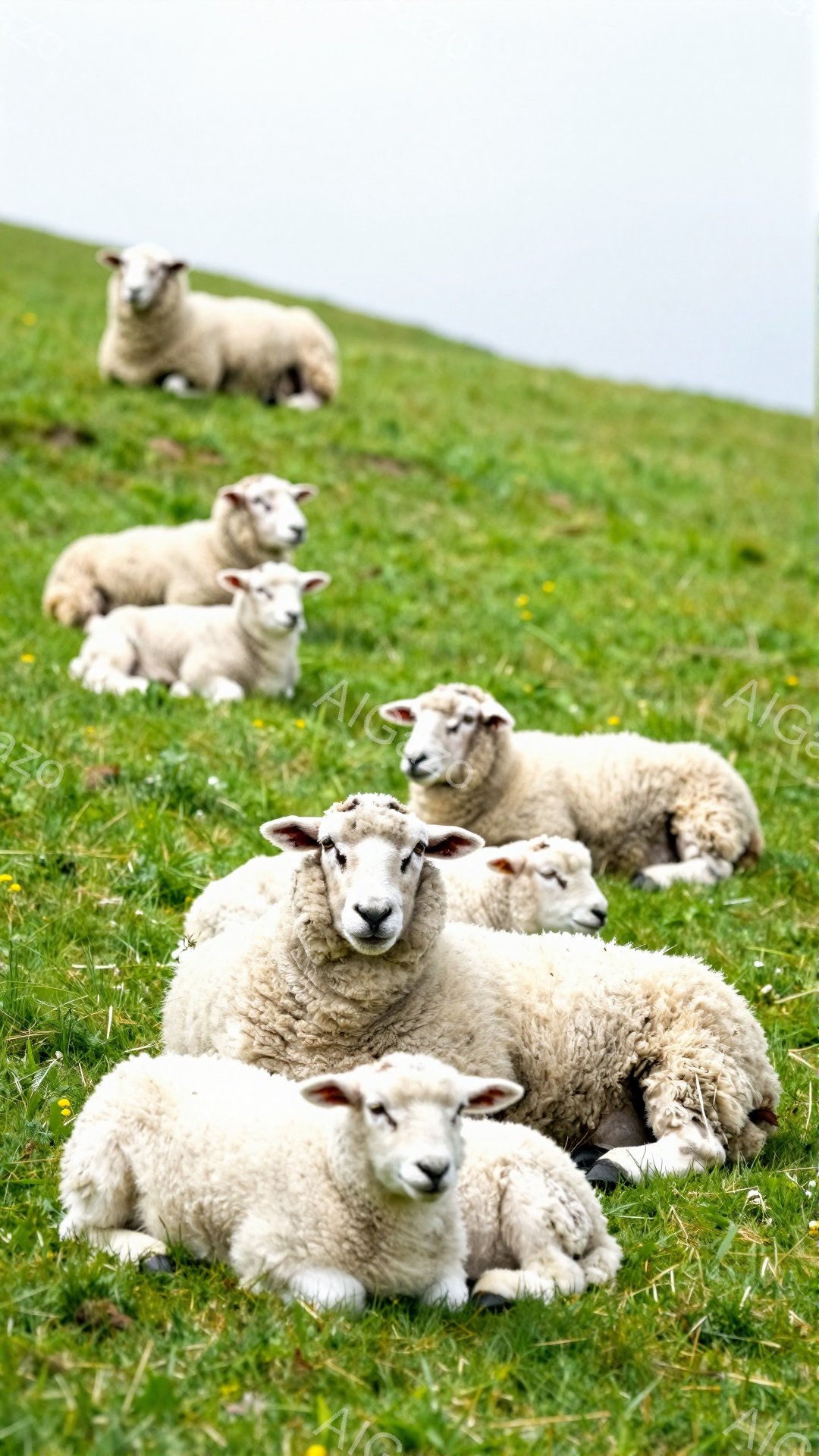 緑の草原に白い羊たちが横たわってリラックスしています。羊たちはそれぞれ異なる方向に顔を向け、穏やかな表情をしています。背景には柔らかな光が差し込み、平和な雰囲気が漂っています。 - AI生成フリー素材