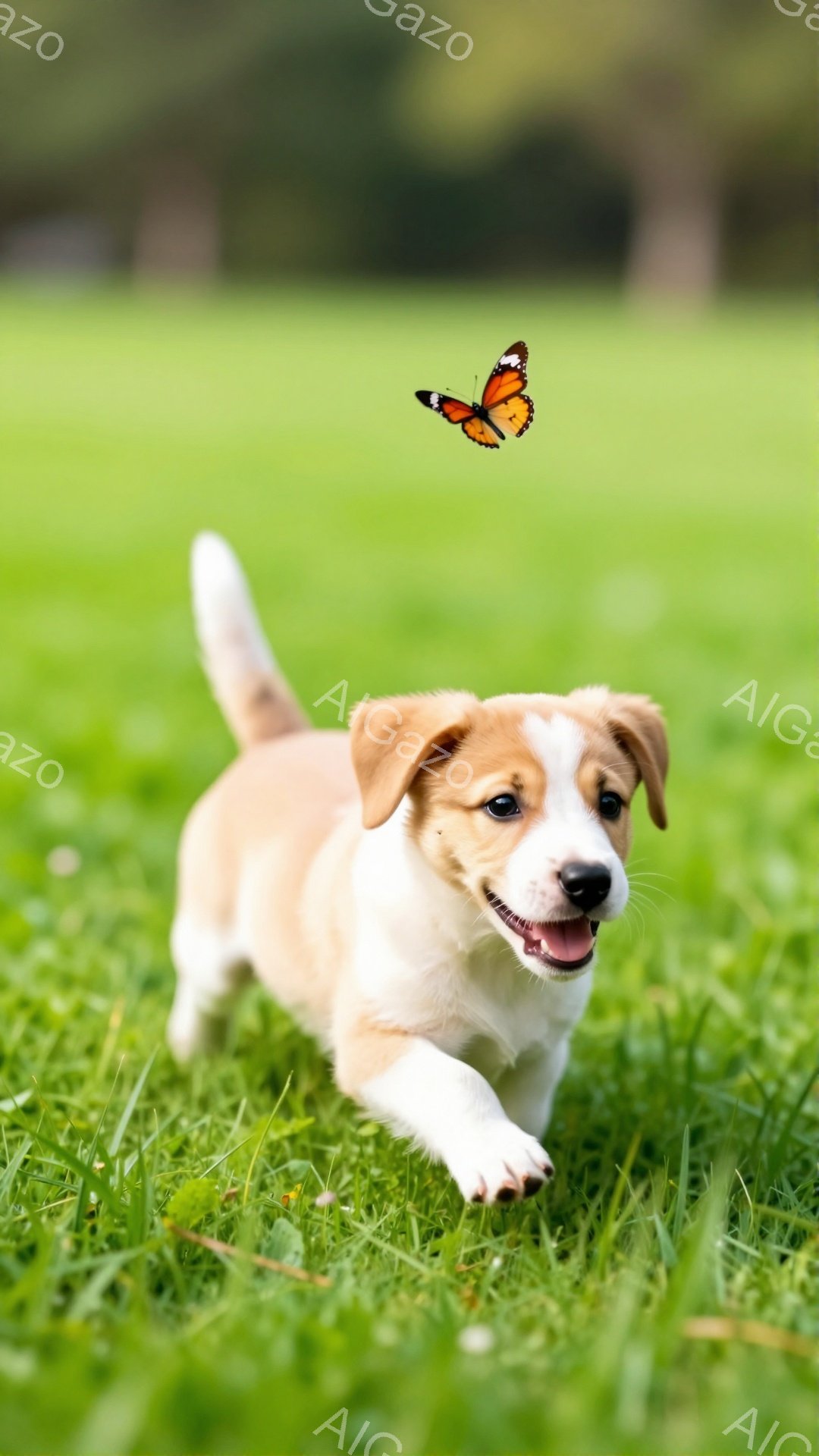 広々とした緑の草原を、小さな子犬が蝶を追いかけて駆けている。子犬は嬉しそうに口を開けており、その姿は生き生きとしている。背景にはぼんやりと木々が見え、暖かい日差しが降り注いでいる。