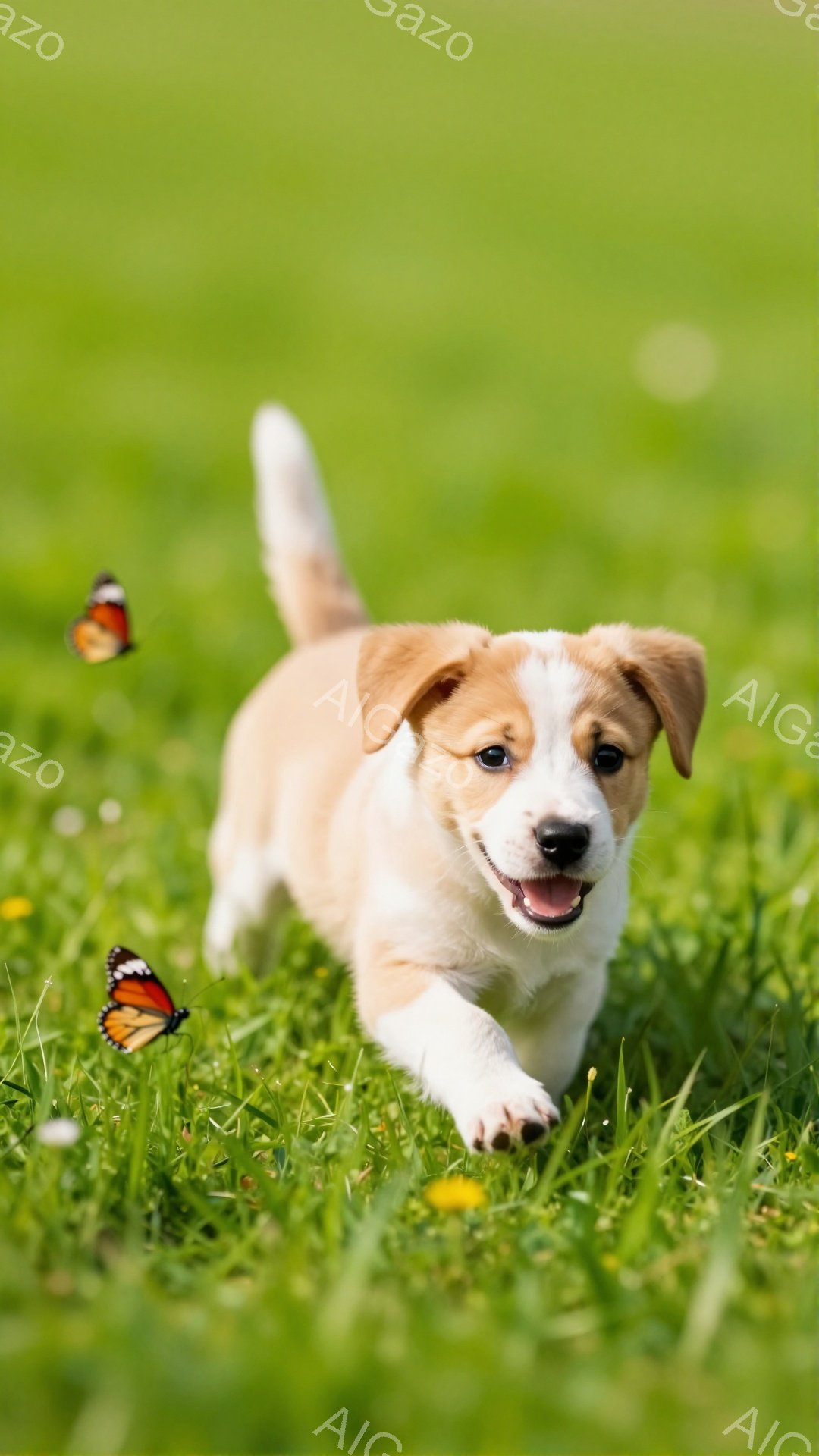 緑の草原を子犬が楽しそうに駆け抜けている。オレンジと白の毛並みがかわいく、口を開けて笑顔を見せている。周囲には蝶が舞い、暖かい春の日の穏やかな雰囲気が感じられる。 - AI生成フリー素材