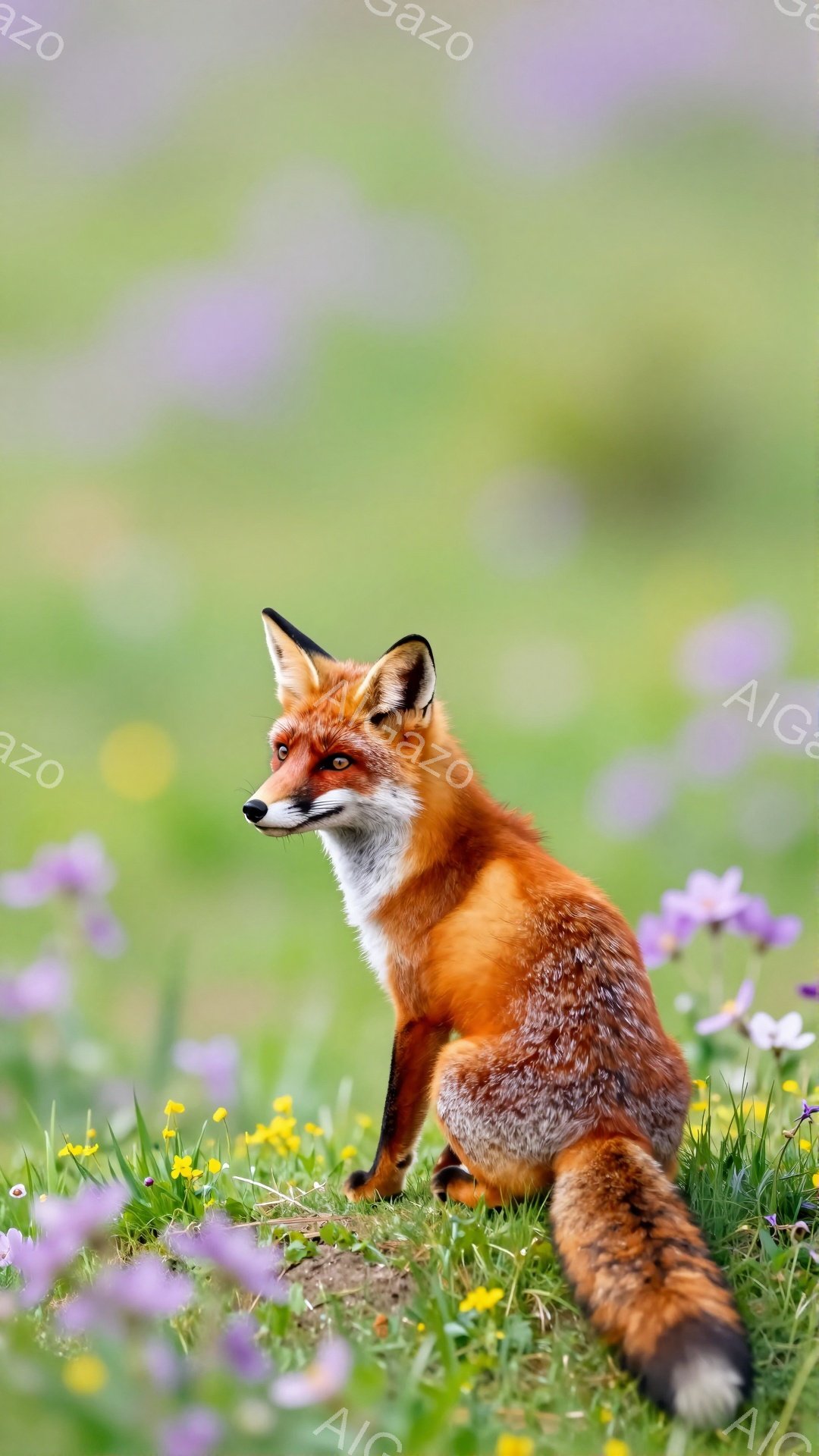 鮮やかなオレンジ色のキツネが、紫と黄色の花々が咲き乱れる草原に座っています。その表情は鋭く、何かを見つめているようで、毛並みは艶やかで健康的な印象を与えます。背景はぼかされており、キツネが主役として際 - AI生成フリー素材
