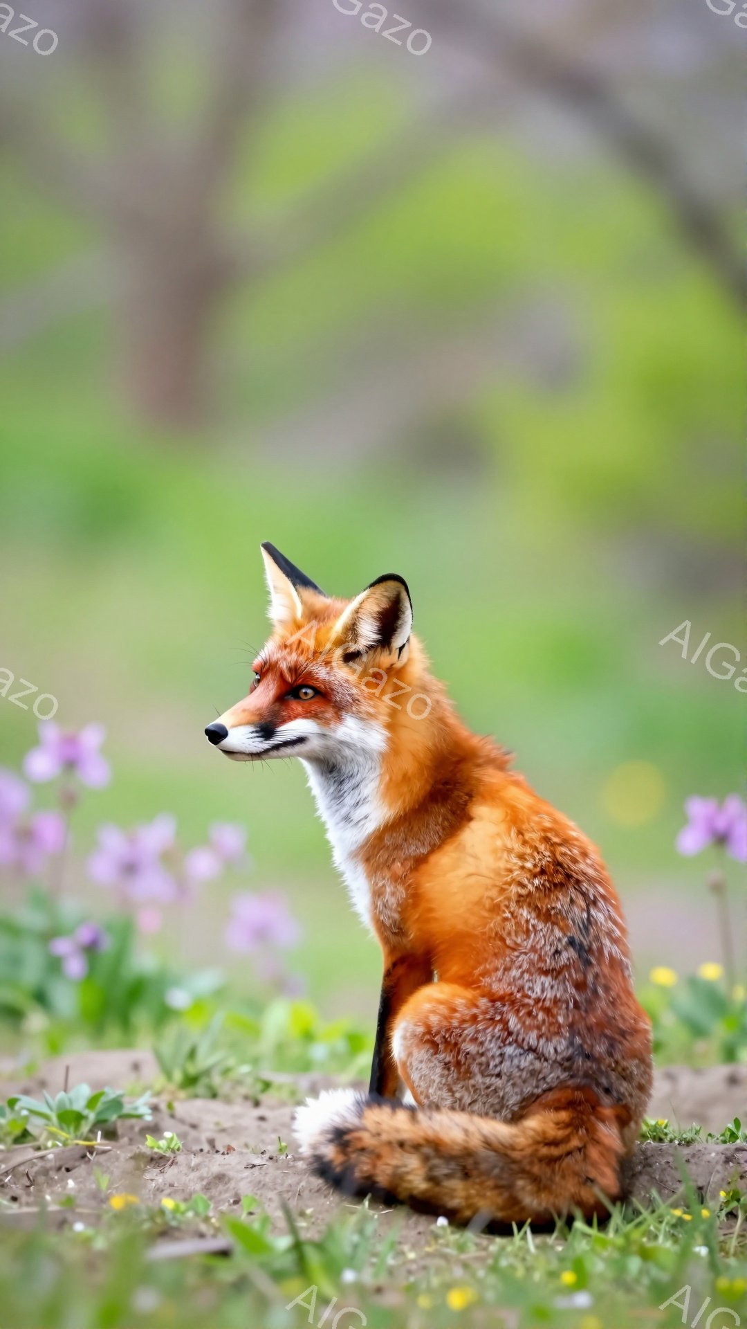 美しい赤毛のキツネが草の上に座っており、周囲には紫と黄色の花が咲いている。その表情は鋭く、何かを警戒しているかのように見え、毛並みは太陽の光を浴びて輝いている。背景は緑豊かな草原で、穏やかで自然な雰囲 - AI生成フリー素材