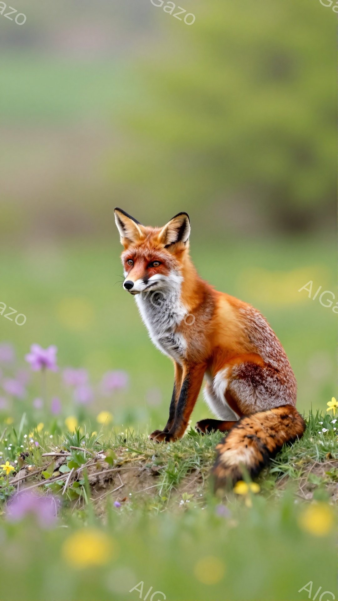 鮮やかな毛並みのキツネが草の上に座っています。背景には緑の植物と小さな花々が広がり、柔らかな光が差し込んでいます。キツネは前方をまっすぐ見つめ、静かで落ち着いた雰囲気を醸し出しています。