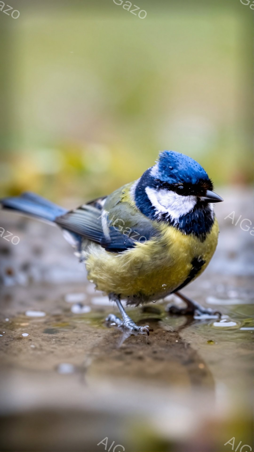 小さな鳥が茶色と緑色の背景の地面に立っています。頭部は青色で、胸部は黄色で、翼は緑色で、全体的に明るく鮮やかな色合いです。雨上がりのように水滴が地面にあり、鳥は少し濡れているように見えます。