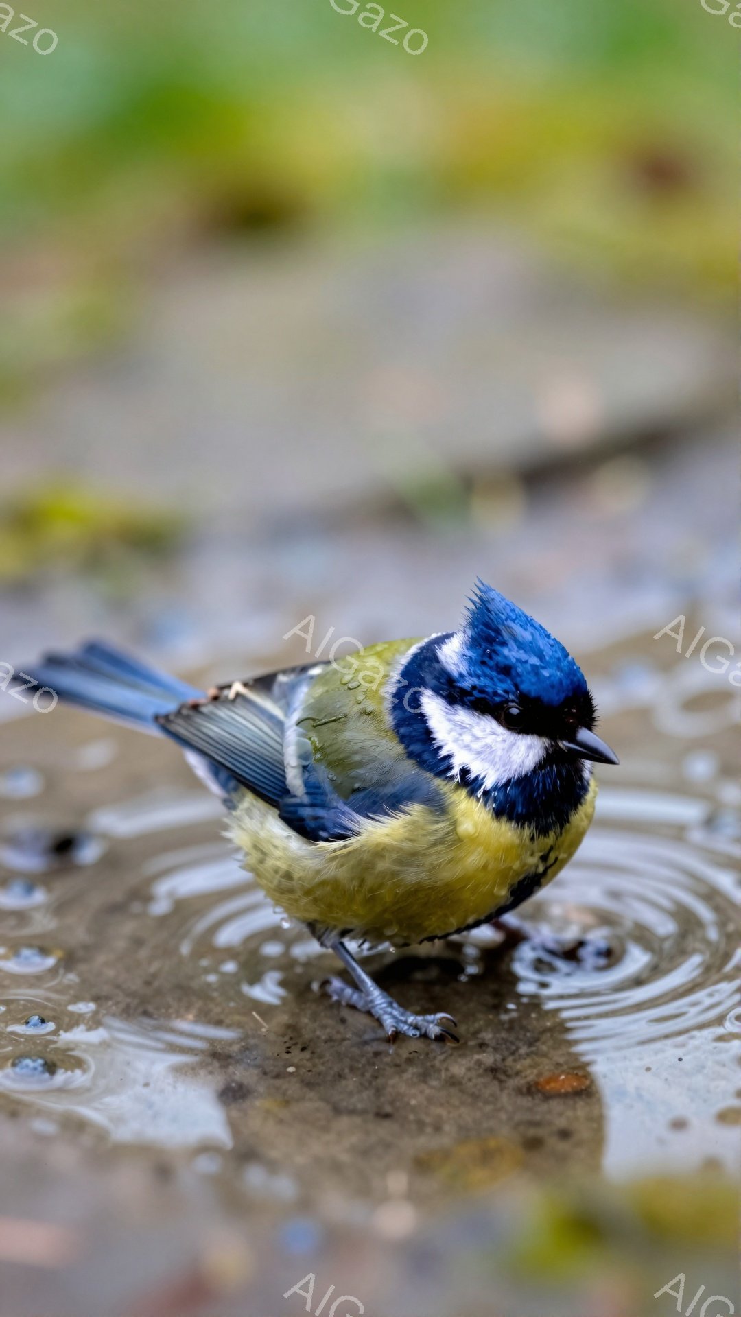 小さな鳥が水たまりの中に立っており、濡れた羽毛が少し重たげに見える。青い頭と明るい黄色の胸が特徴的で、何かを探しているように地面を見つめている。背景は緑色の植物で、雨上がりの静かな雰囲気が漂っている。
