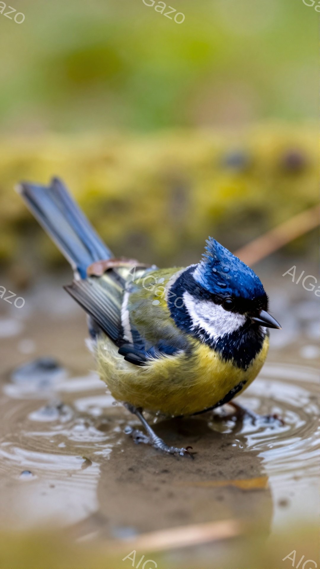 小さな鳥が水たまりの中で水を飲んでいる。青い頭と黄色い胸が特徴的で、つややかな羽毛が濡れて光っている。背景は緑色の苔や植物で覆われており、春の穏やかな雰囲気が感じられる。