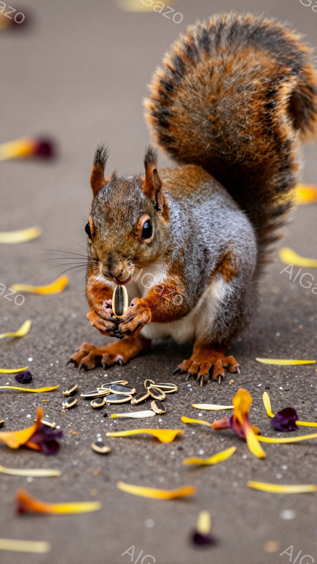 リスが地面に散らばった落ち葉の中、何かを手に持っています。オレンジ色の毛並みとふっくらとした体型が特徴で、何かを食べるために前足を器用に使っています。背景はぼやけており、リスに焦点が当たっています。
