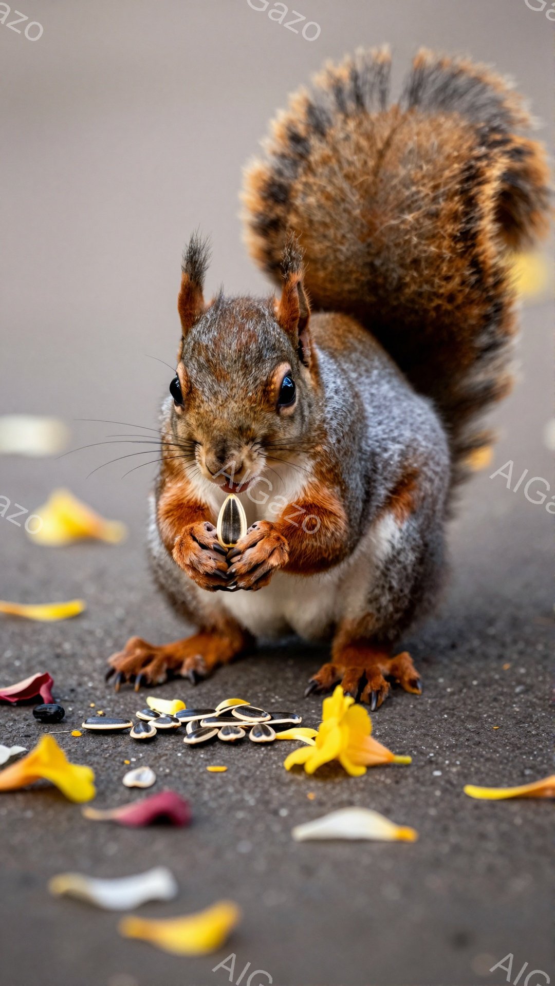 リスが地面に座り、何かを食べています。そのリスは茶色い毛並みで、ふわふわとした尾を持っています。背景には落ち葉が散らばっており、秋の雰囲気を感じさせます。
