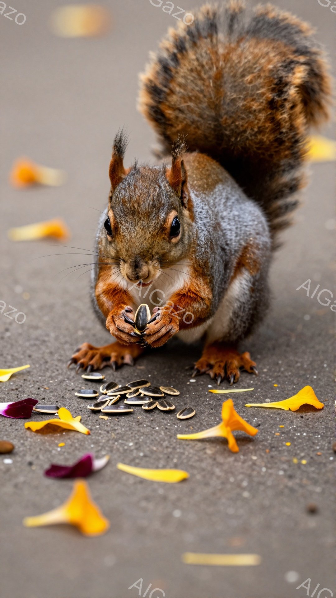 リスが地面に散らばった種を両手で持っています。毛並みが美しく、鮮やかな秋の葉が背景にあり、温かい雰囲気です。地面は灰色で、リスの茶色の毛並みと葉の黄色が際立っています。