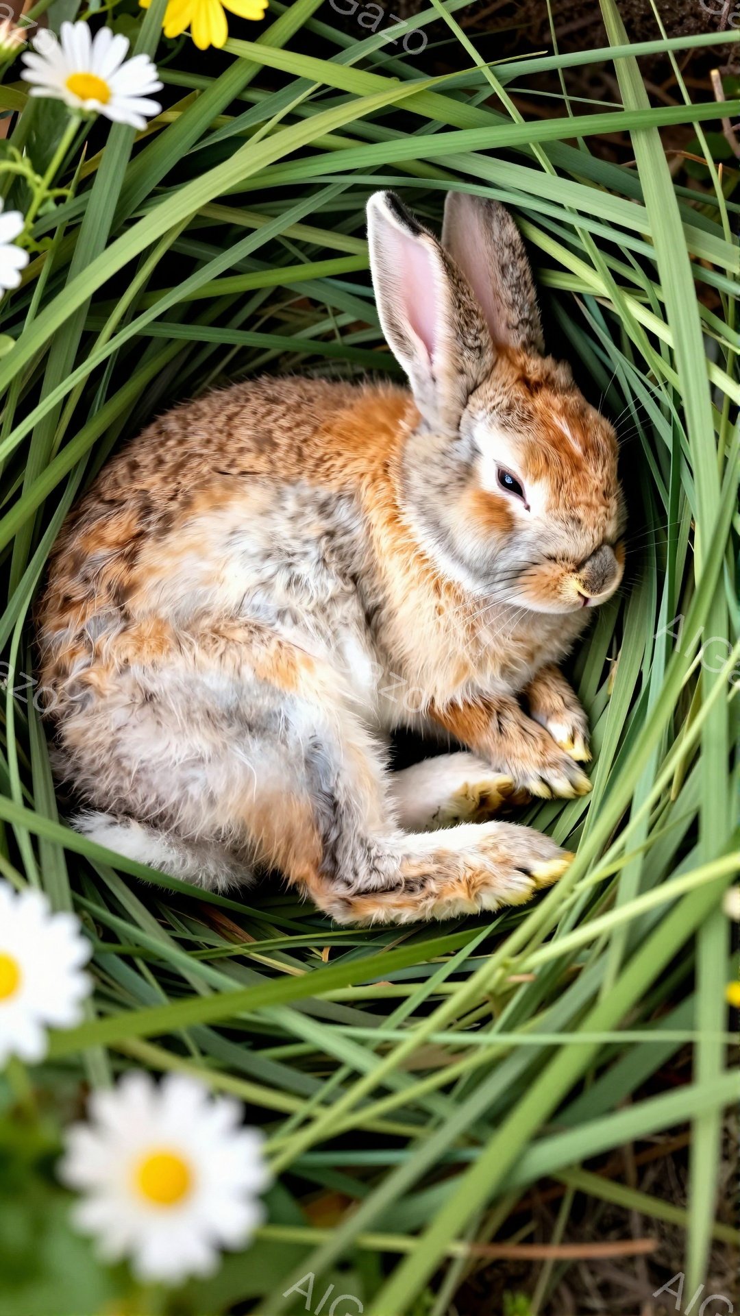 草むらの中にいる小さなウサギがこちらを見ています。優しい光の中で、ウサギはリラックスした様子で、緑の草に埋もれて暖かく穏やかな雰囲気です。白く可愛らしい花がアクセントになっています。 - AI生成フリー素材