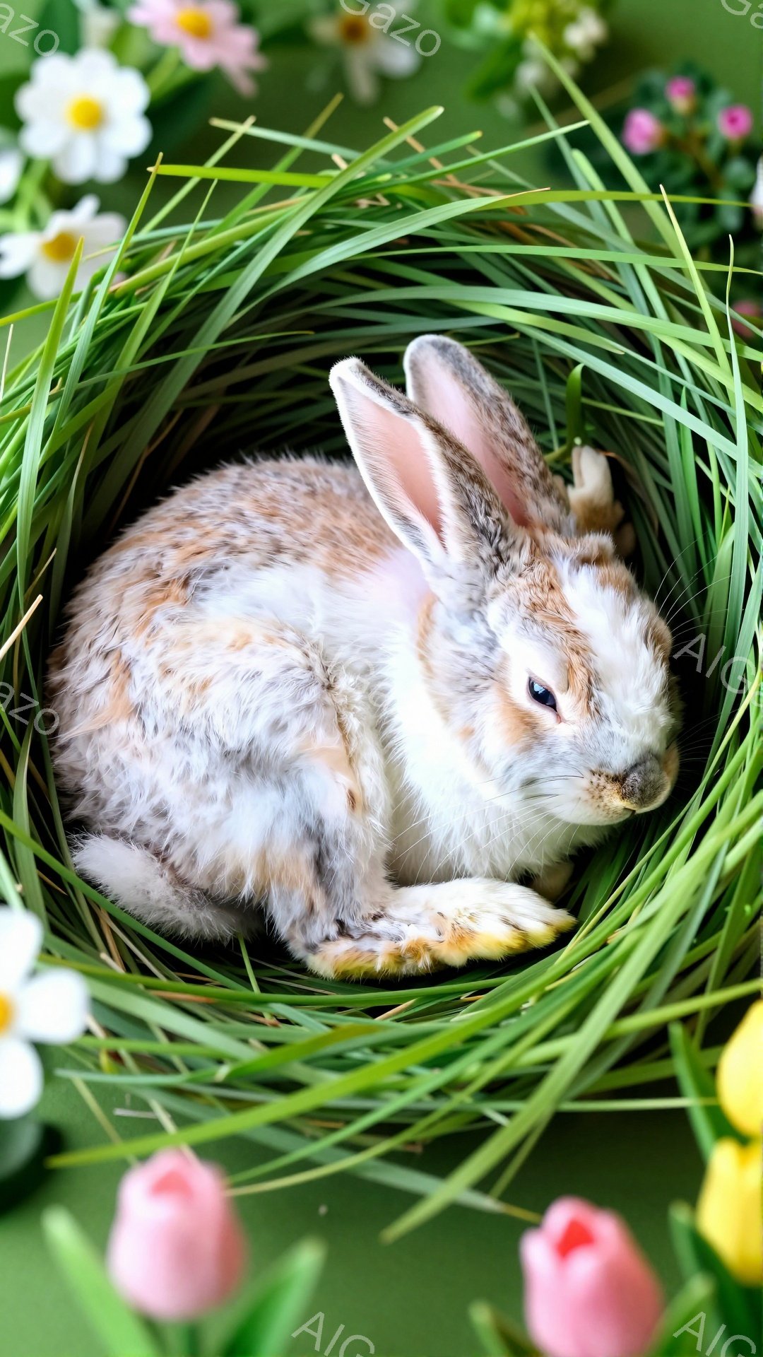 緑色の草に包まれた小さなウサギが丸まって眠っています。ピンクと白のチューリップやデイジーが咲き乱れ、春の穏やかな雰囲気を醸し出しています。ウサギの毛並みは柔らかそうで、安らかな表情が印象的です。