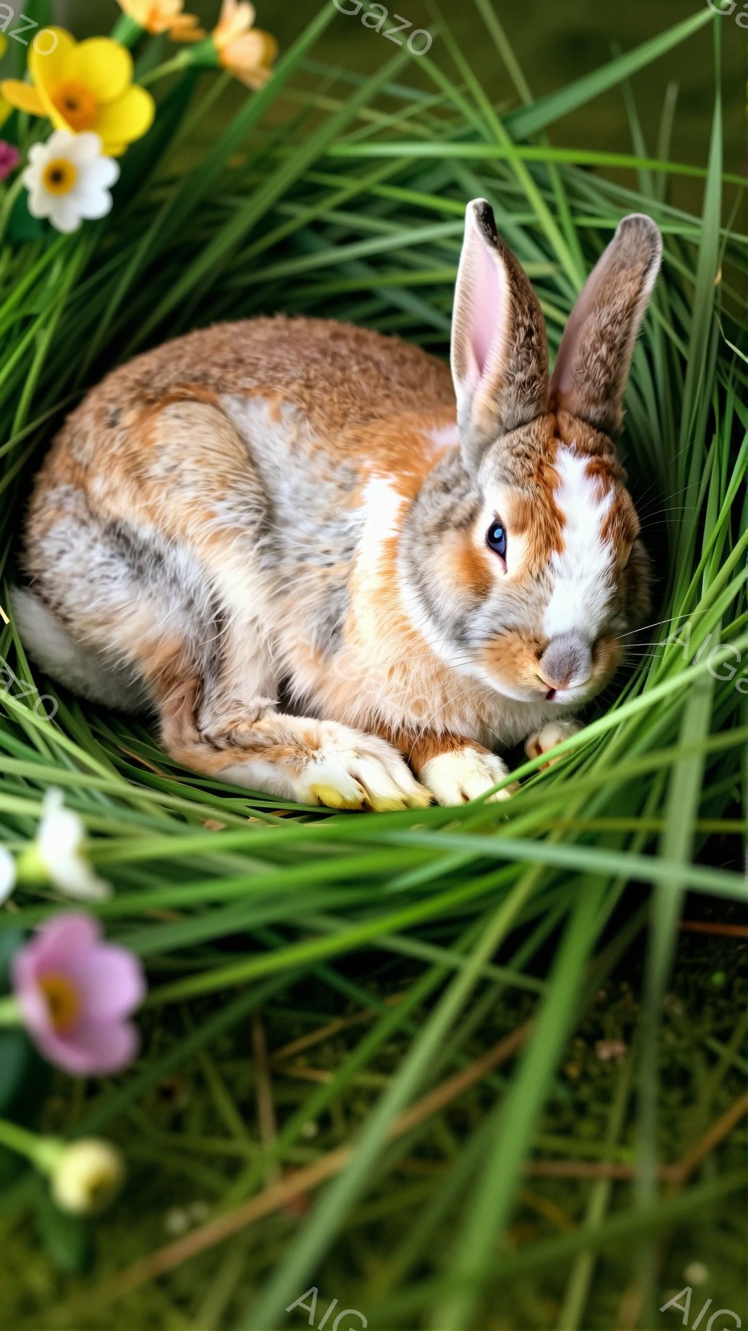 緑の草の中にうさぎが横たわっています。その毛並みは白と茶色のまだら模様で、可愛らしい姿をしています。背景には黄色や紫の花が見え、春の穏やかな雰囲気が感じられます。