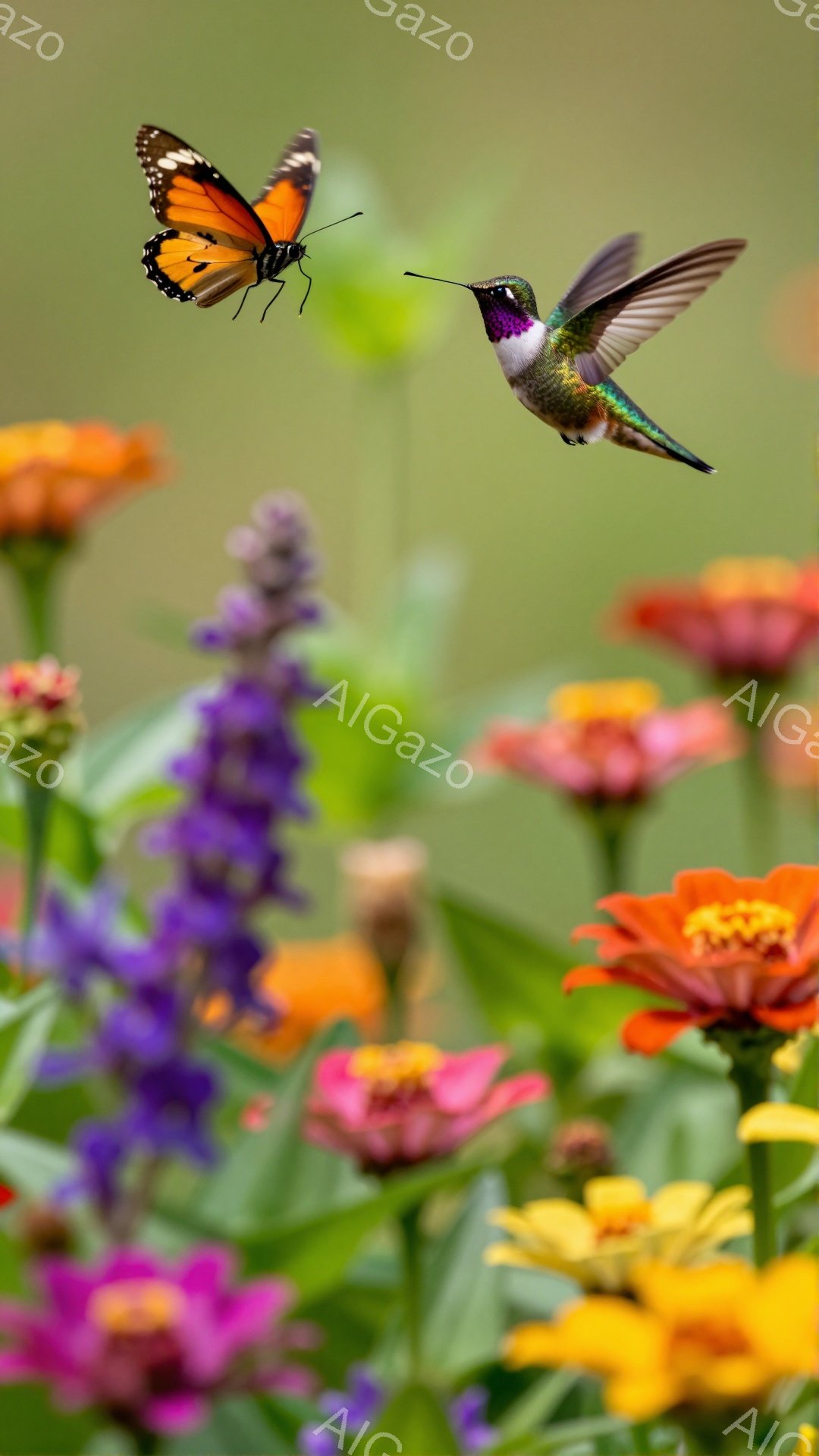 色とりどりの花々が咲き乱れる中で、蝶とハチドリが舞っている。ハチドリは鮮やかな緑色と紫色の羽を持ち、花の蜜を吸おうと静止している。背景は緑豊かで、柔らかな光が差し込み、穏やかな雰囲気を醸し出している。