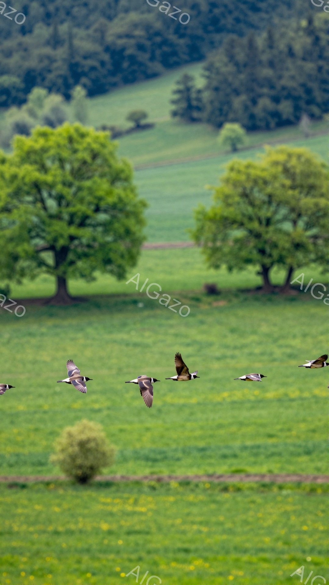 広大な緑の草原を鳥たちが群れをなして飛んでいる。背景には木々が点在し、穏やかで平和な雰囲気を醸し出している。春か夏の日差しが心地よく、自然の美しさが際立っている。 - AI生成フリー素材