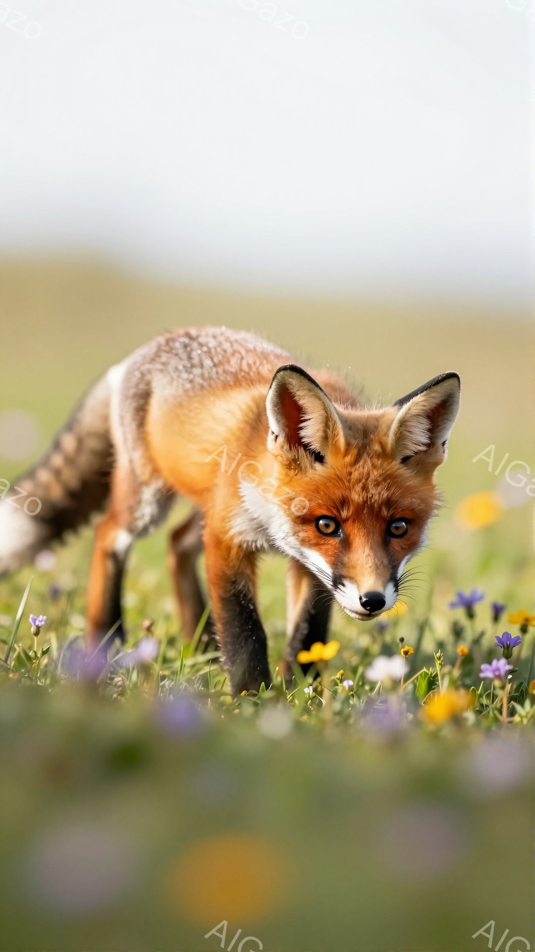 広大な草原をキツネが歩いている。鮮やかな野花が咲き乱れ、キツネのオレンジ色の毛並みとのコントラストが美しい。キツネは前方をじっと見つめ、何かを探している様子だ。