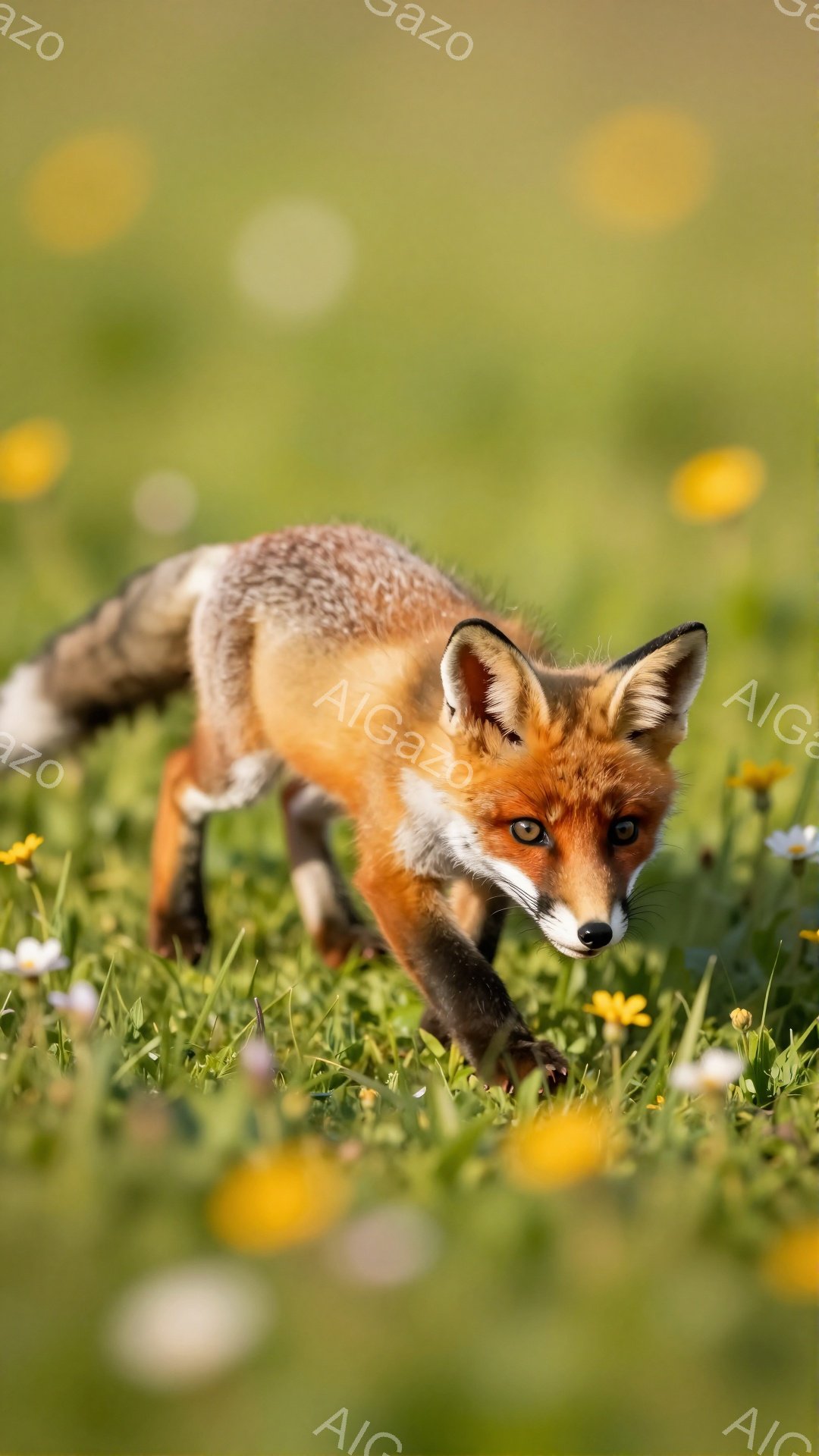 緑の草原の中で、鮮やかなオレンジ色のキツネが前方を向いて歩いている。キツネの毛並みは細かく、鋭い眼差しと白い先端が特徴的なふさふさの尾が印象的だ。背景にはぼやけた黄色い花々が咲き乱れ、穏やかで自然な雰囲気を醸し出している。