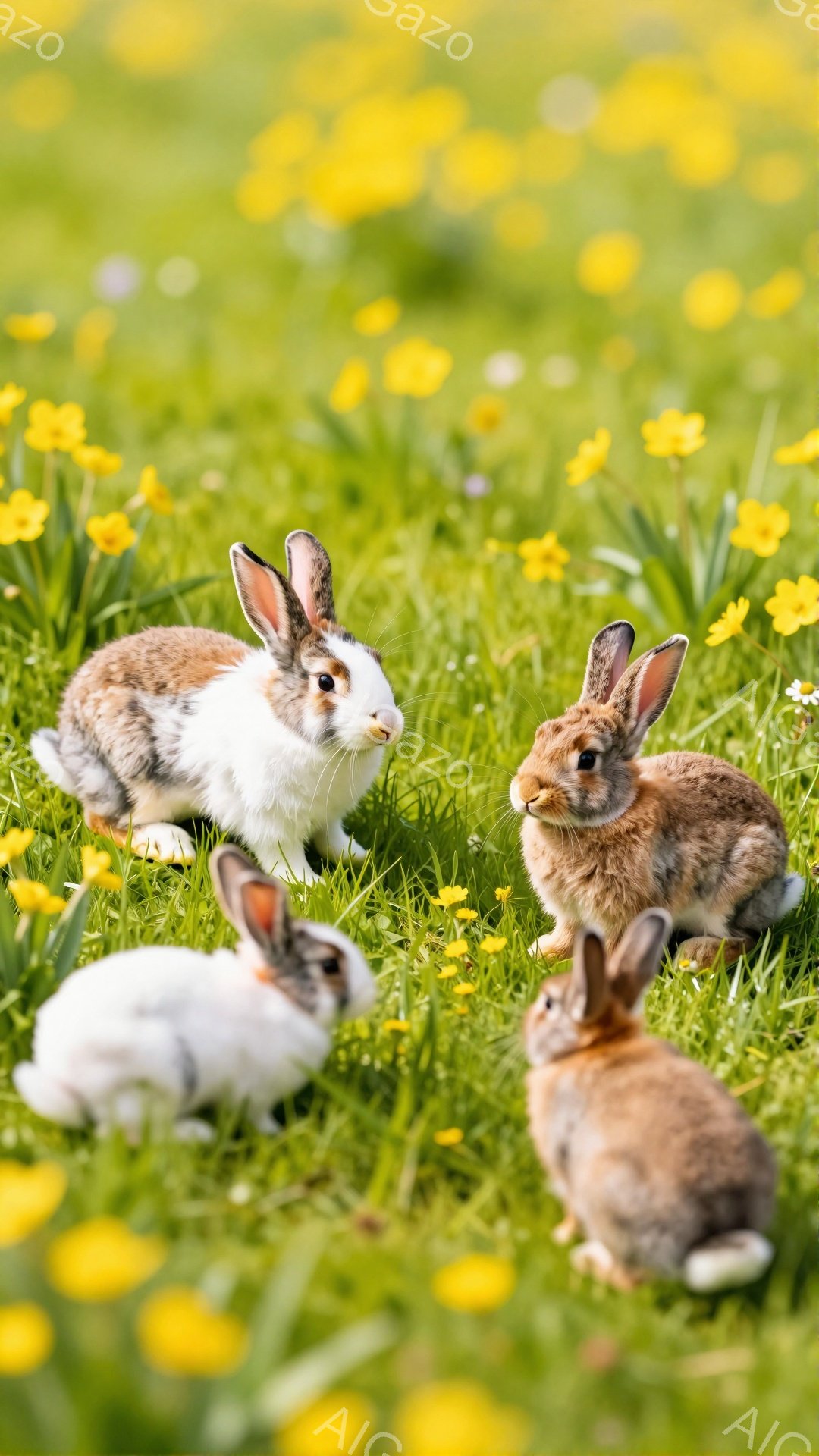 鮮やかな緑の草の上に、様々な毛色のうさぎたちが集まっている。うさぎたちはそれぞれ異なる方向に視線を向け、春の野原で遊んでいる様子が伝わってくる。背景には小さな黄色い花が咲き乱れ、暖かく穏やかな雰囲気を醸し出している。