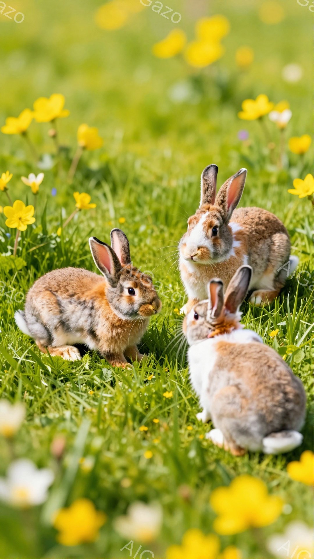 緑の草むらの中に、3匹のウサギがいます。ウサギはそれぞれ異なる毛色で、好奇心旺盛な表情で周囲を見回しています。鮮やかな黄色い花が背景に咲き乱れ、春の暖かな雰囲気を演出しています。