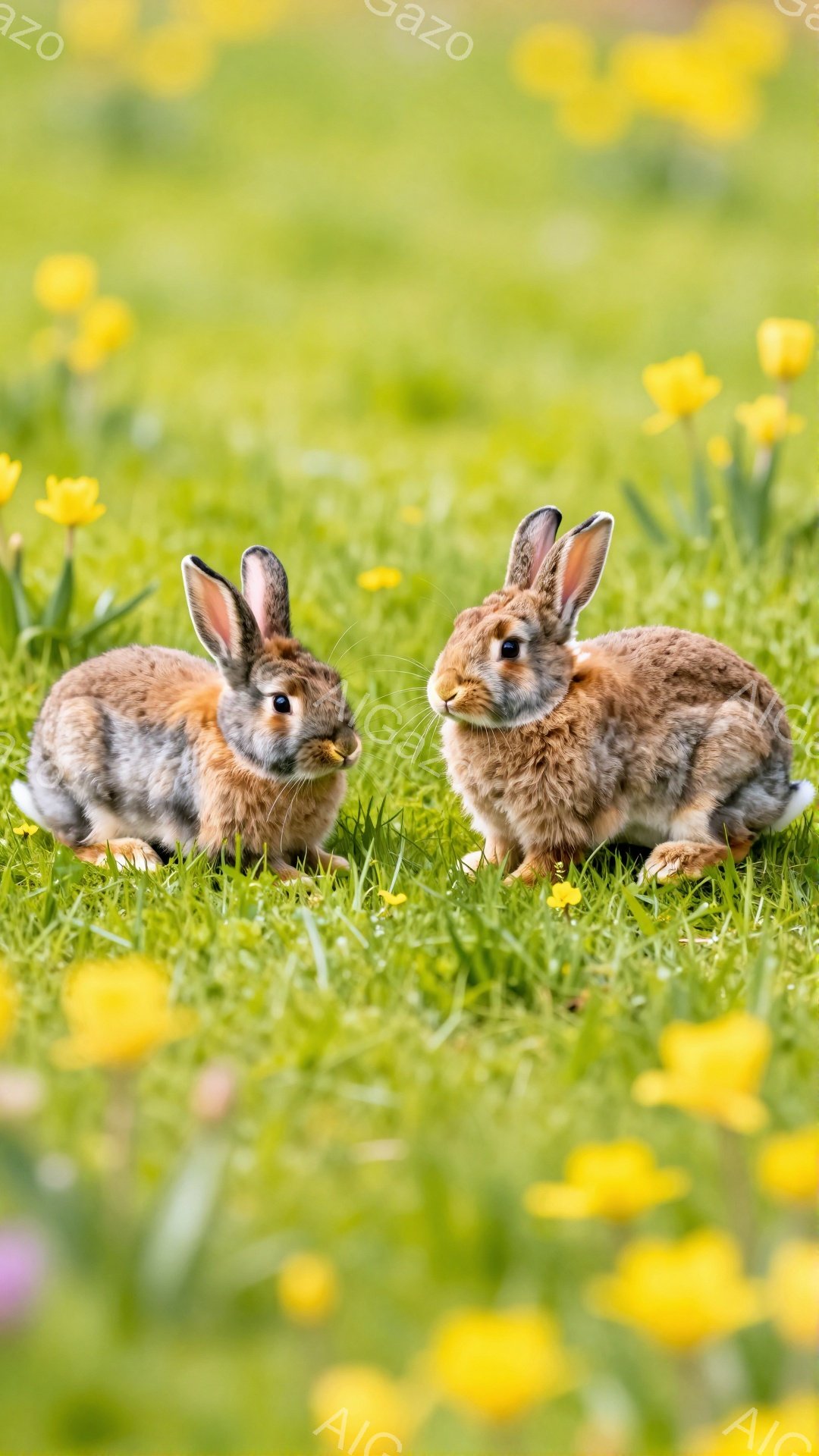 鮮やかな緑の草の上に、二匹の可愛らしいウサギが並んで座っています。周りには黄色い花が咲き乱れ、春の穏やかな雰囲気を醸し出しています。ウサギたちはリラックスした様子で、春の陽光を満喫しているようです。