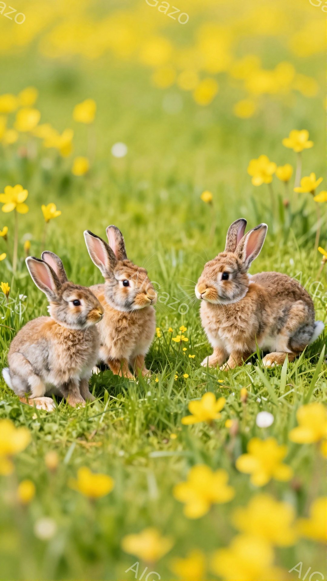 草原で三匹のウサギが並んで座っています。緑の草と黄色い花が広がり、穏やかで平和な雰囲気です。ウサギたちはそれぞれ少しずつ違う表情をしています。 - AI生成フリー素材