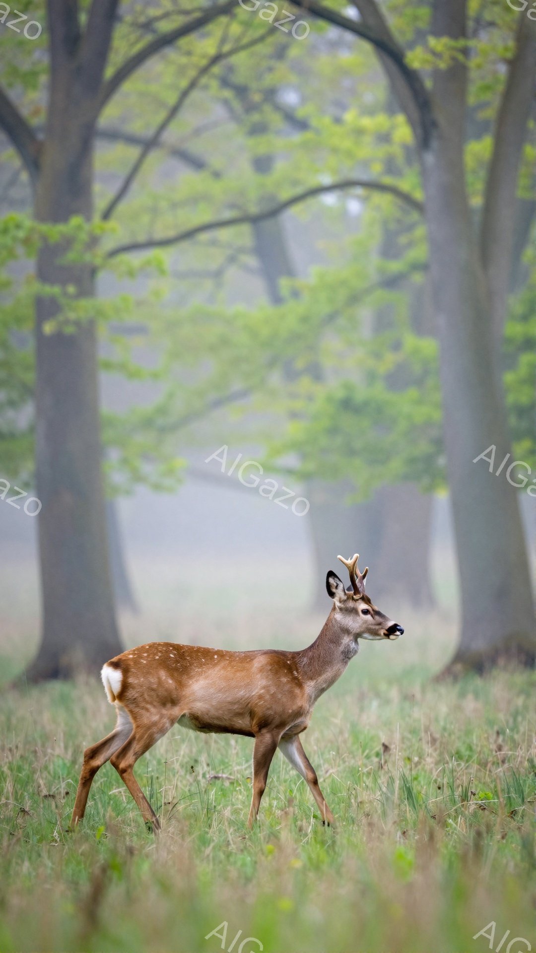 緑豊かな森の中で、若い雄鹿が草の上を歩いている。その姿は優雅で、朝日が差し込む穏やかな雰囲気が漂う。背景にはぼやけた木々があり、自然の静けさが感じられる。 - AI生成フリー素材