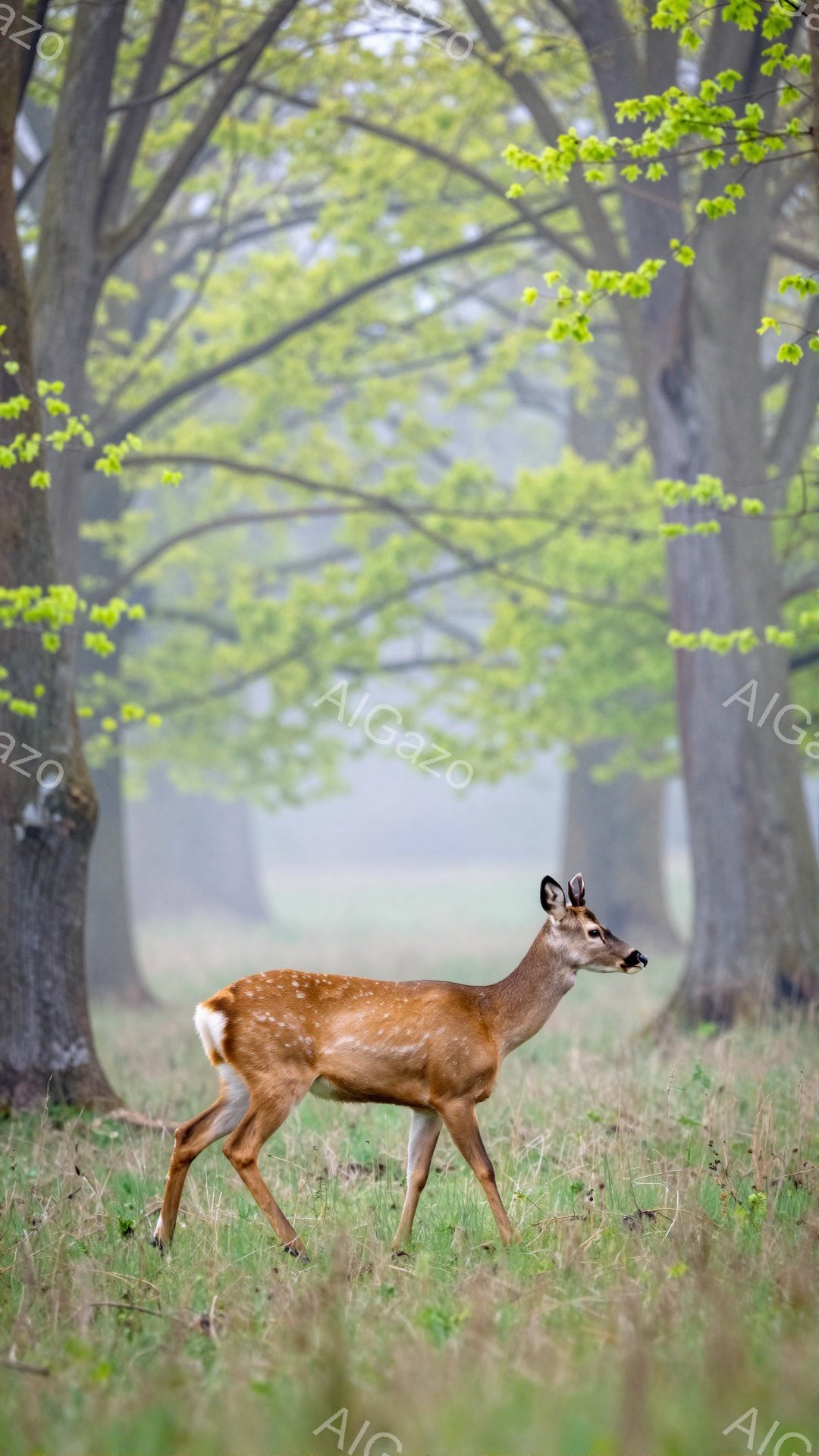 緑豊かな森林の中で、若いシカが草の上を歩いている。シカは美しい斑点模様を持ち、穏やかな雰囲気を醸し出している。背景は霧に包まれ、幻想的な雰囲気を演出している。 - AI生成フリー素材