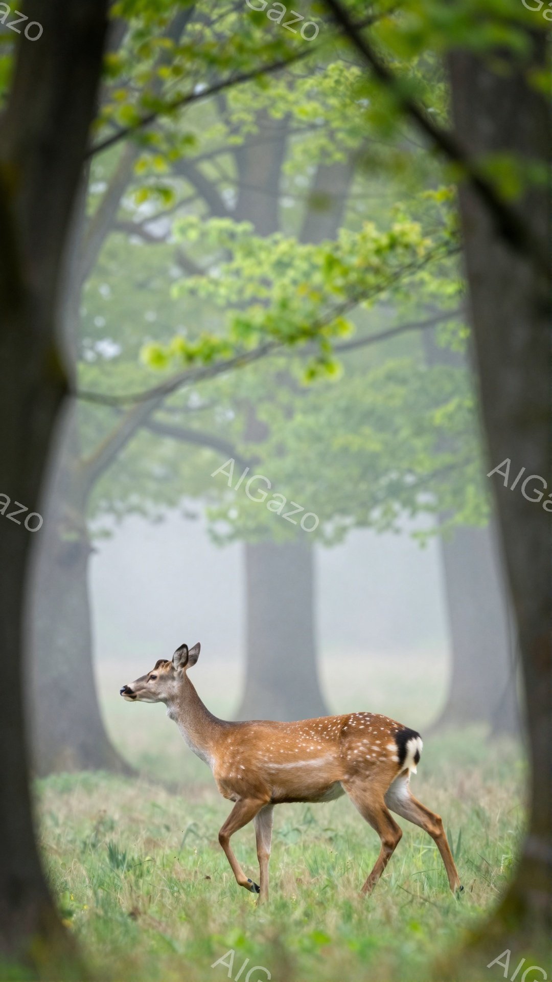 若いシカが緑の草の上に立っており、背景にはぼやけた木々の風景が広がっています。フレームは木の枝によって形成されており、シカに自然な境界線を与えています。全体的に、柔らかい光とぼやけた背景が穏やかで平和な雰囲気を醸し出しています。