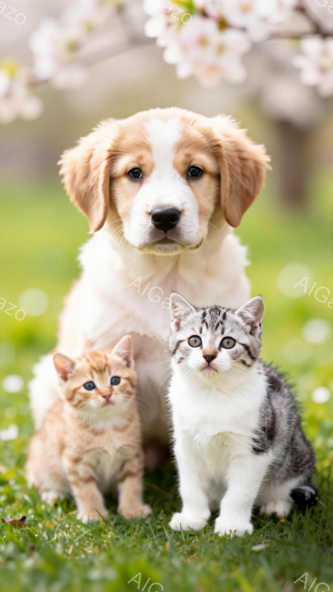 緑の芝生の上で、子犬と2匹の猫が座っています。子犬はゴールデンレトリバーで、茶色と白の毛並みです。猫はそれぞれ、オレンジと白の模様とグレーの模様をしており、おとなしくカメラを見つめています。