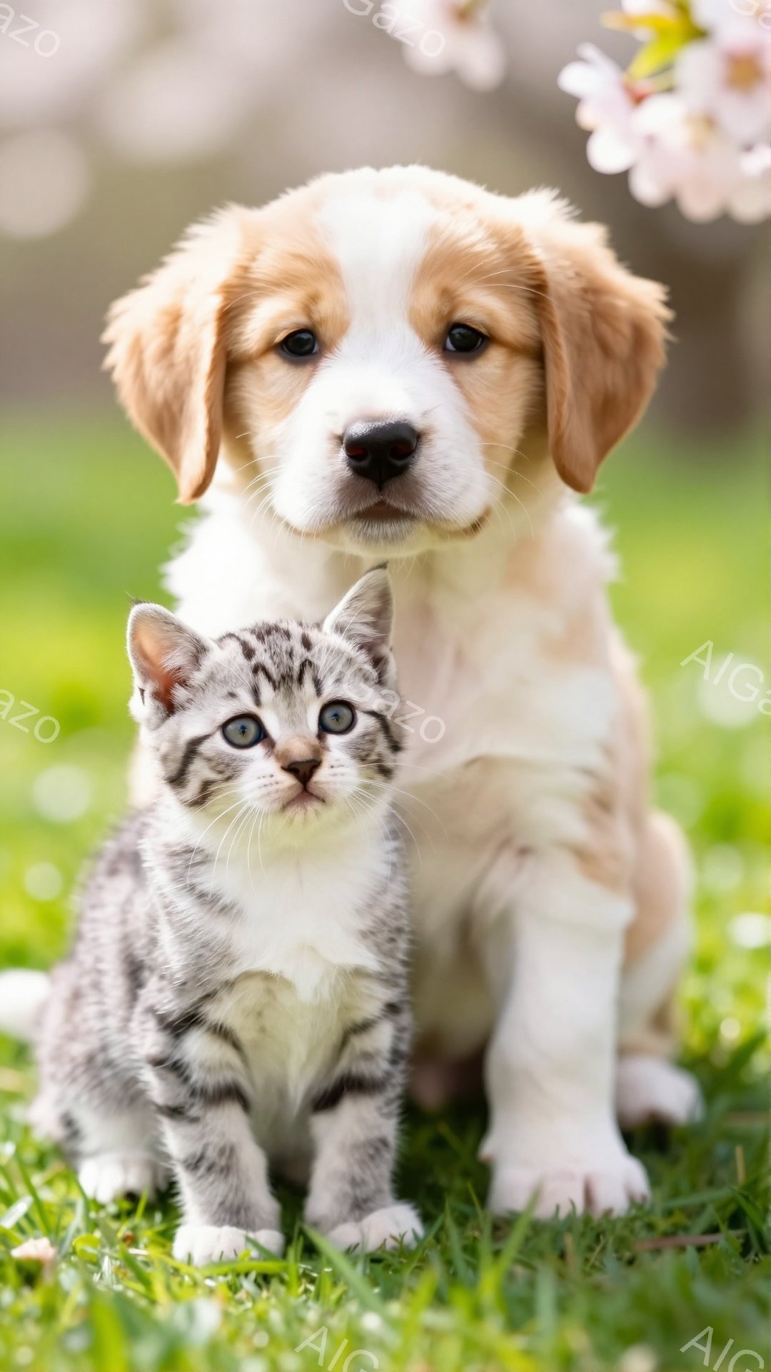 緑の芝生の上に、子犬と子猫が寄り添って座っています。子犬はクリーム色と白の毛並みで、子猫は灰色と白の縞模様です。背景には薄ピンクの桜の花が咲き、春らしい穏やかな雰囲気です。