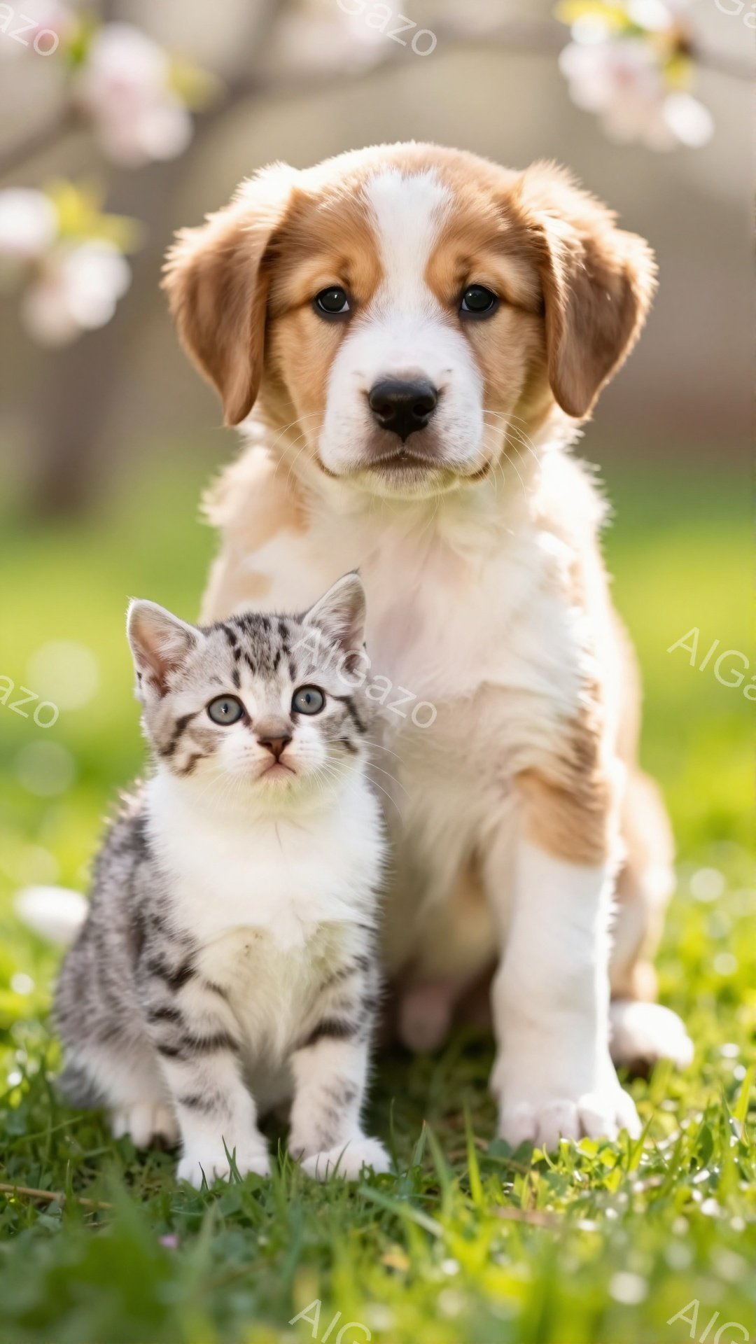 鮮やかな緑の草の上に、子犬と子猫が寄り添って座っています。子犬はクリーム色で、子猫は灰色の縞模様です。背景には、桜の木がぼんやりと見え、春の穏やかな雰囲気が感じられます。