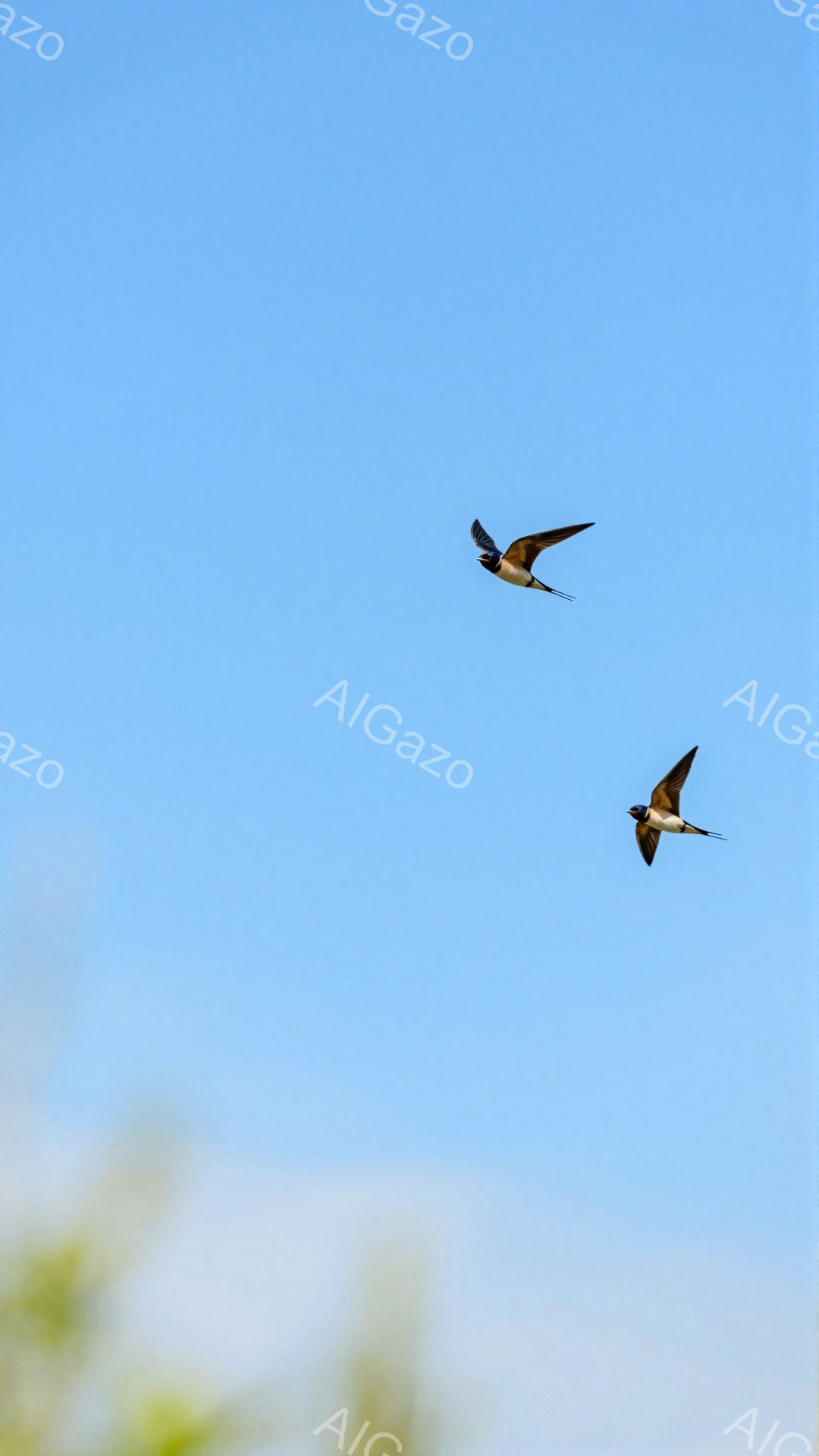 青空を背景に、ツバメが2羽飛んでいる。片方のツバメは翼を大きく広げ、もう片方のツバメは翼を少し畳んで、異なる姿勢で空を舞っている。緑の葉がわずかに写り込み、爽やかな夏の日の雰囲気が感じられる。 - AI生成フリー素材