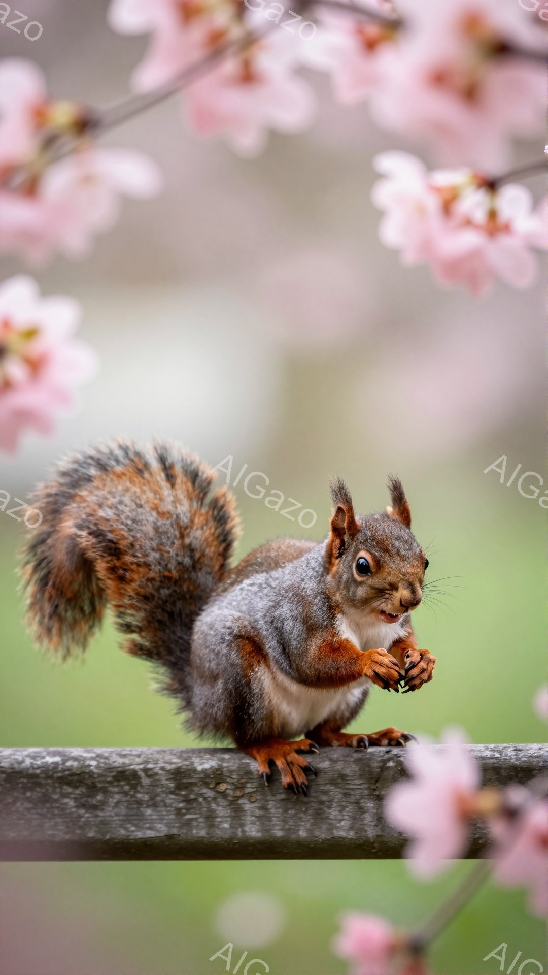 リスが木の枝にとまって何かを食べている。ふわふわの尻尾と鋭い爪が特徴的で、春らしいピンク色の背景がその可愛らしさを引き立てている。背景には桜の花がぼんやりと見え、暖かく穏やかな雰囲気を醸し出している。