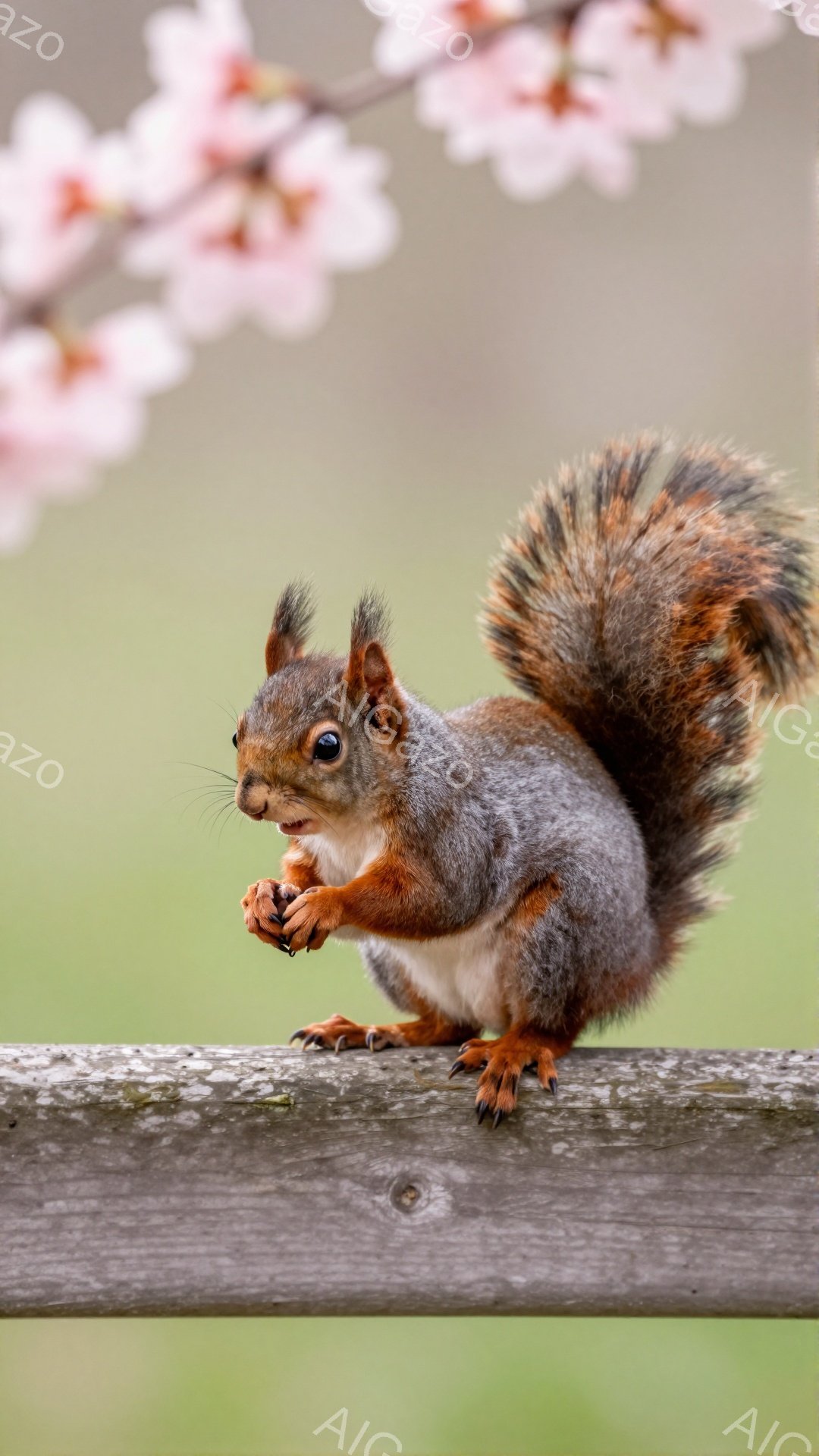 リスが木の柵の上でナッツを食べています。ふっくらとした毛並みと大きな尻尾が特徴的で、背景には淡いピンク色の花がぼやけて見えます。春の穏やかな雰囲気を感じさせる一枚です。