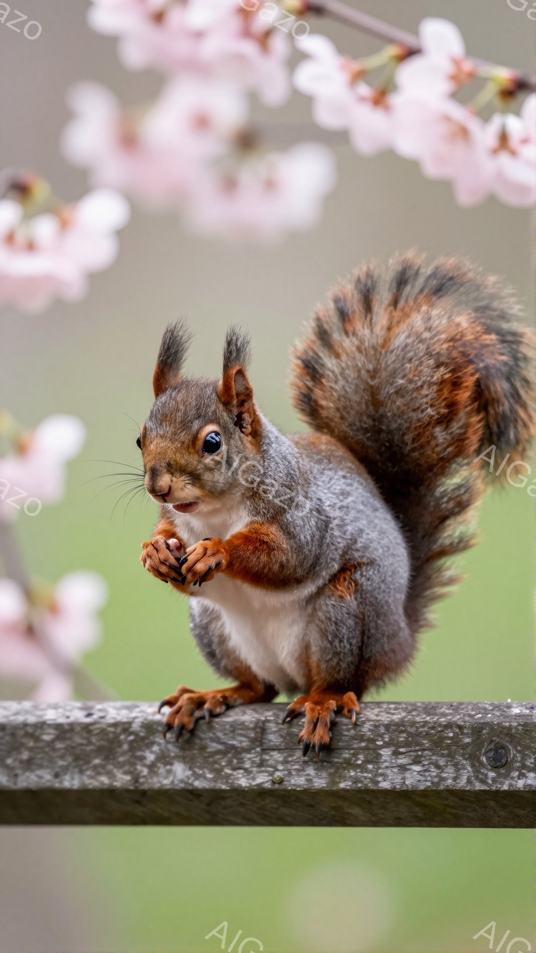 リスが木の柵にとまって何かを食べている。その毛並みは赤茶色と灰色が混ざり合い、ふわふわとしていてとても可愛らしい。背景にはぼやけた桜の花が咲き、春の穏やかな雰囲気を演出している。