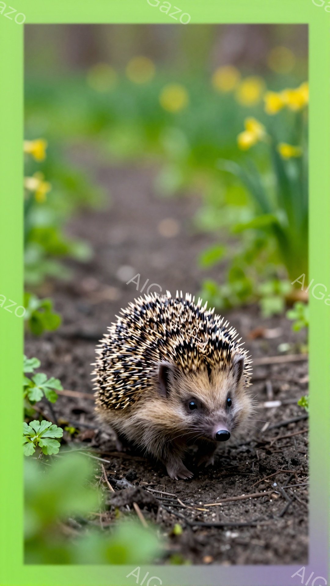 小さなハリネズミが土の上を歩いている。周りにはタンポポなどの黄色い花が咲き、春の訪れを感じさせる。ハリネズミの毛並みは細かく、可愛らしい姿が印象的だ。 - AI生成フリー素材