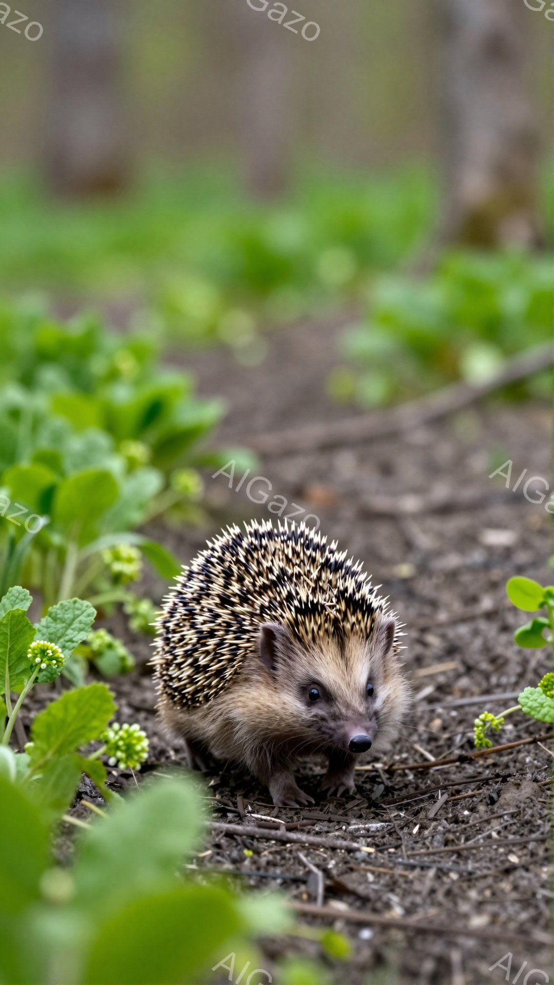 緑の植物に囲まれた土の上に、小さなハリネズミが歩いている。その姿は可愛らしく、短い足で一生懸命前に進んでいる。背景はぼやけており、ハリネズミが主役となっている。