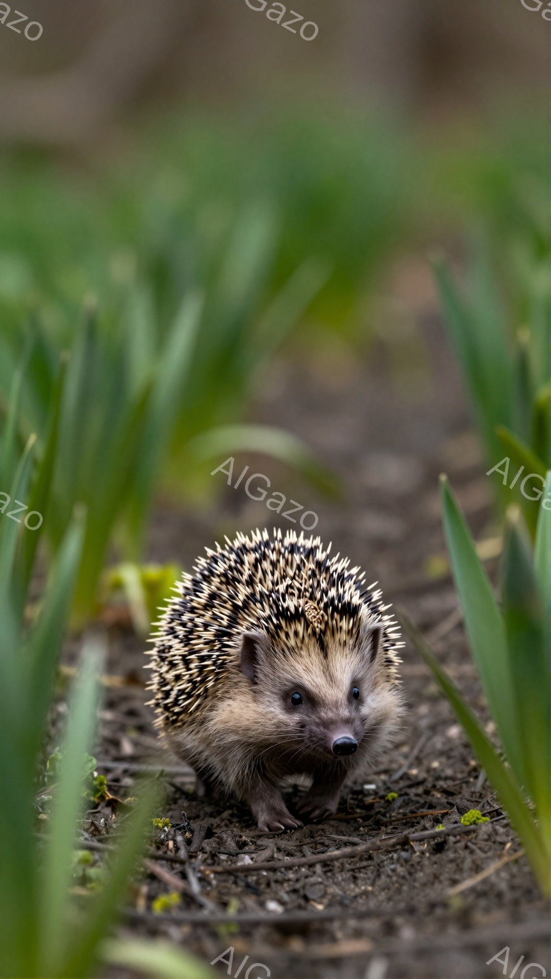 緑の草の間を小さなハリネズミが歩いている。毛並みがよく整い、小さな鼻と可愛らしい姿が印象的だ。背景は少しぼやけており、ハリネズミに焦点が当たっている。 - AI生成フリー素材