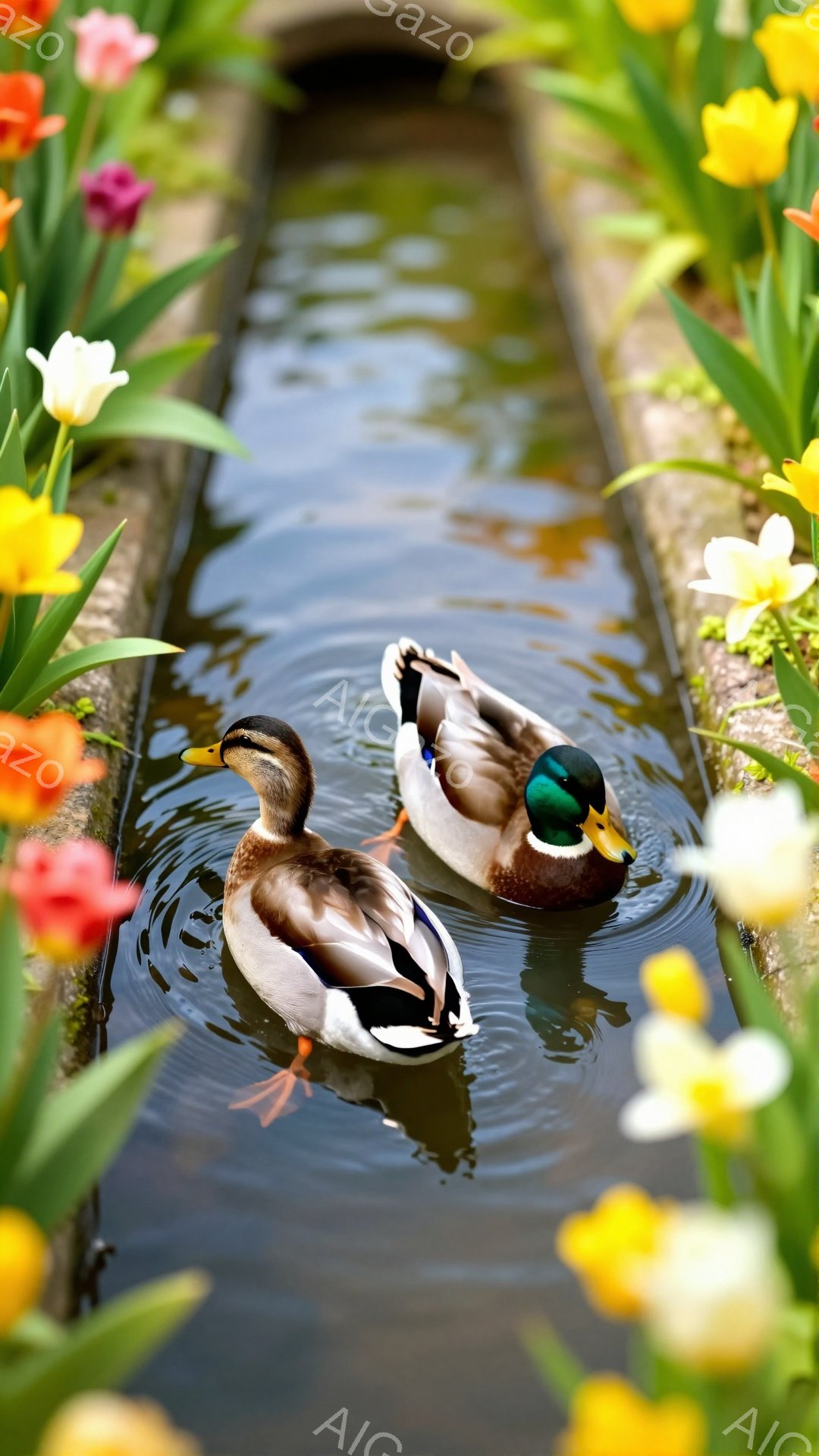 運河を優雅に泳ぐ2羽のアヒルが写っています。周囲には色とりどりのチューリップが咲き乱れ、春の穏やかな雰囲気を醸し出しています。水面には光が反射し、キラキラと輝き、アヒルたちの姿を美しく照らしています。
