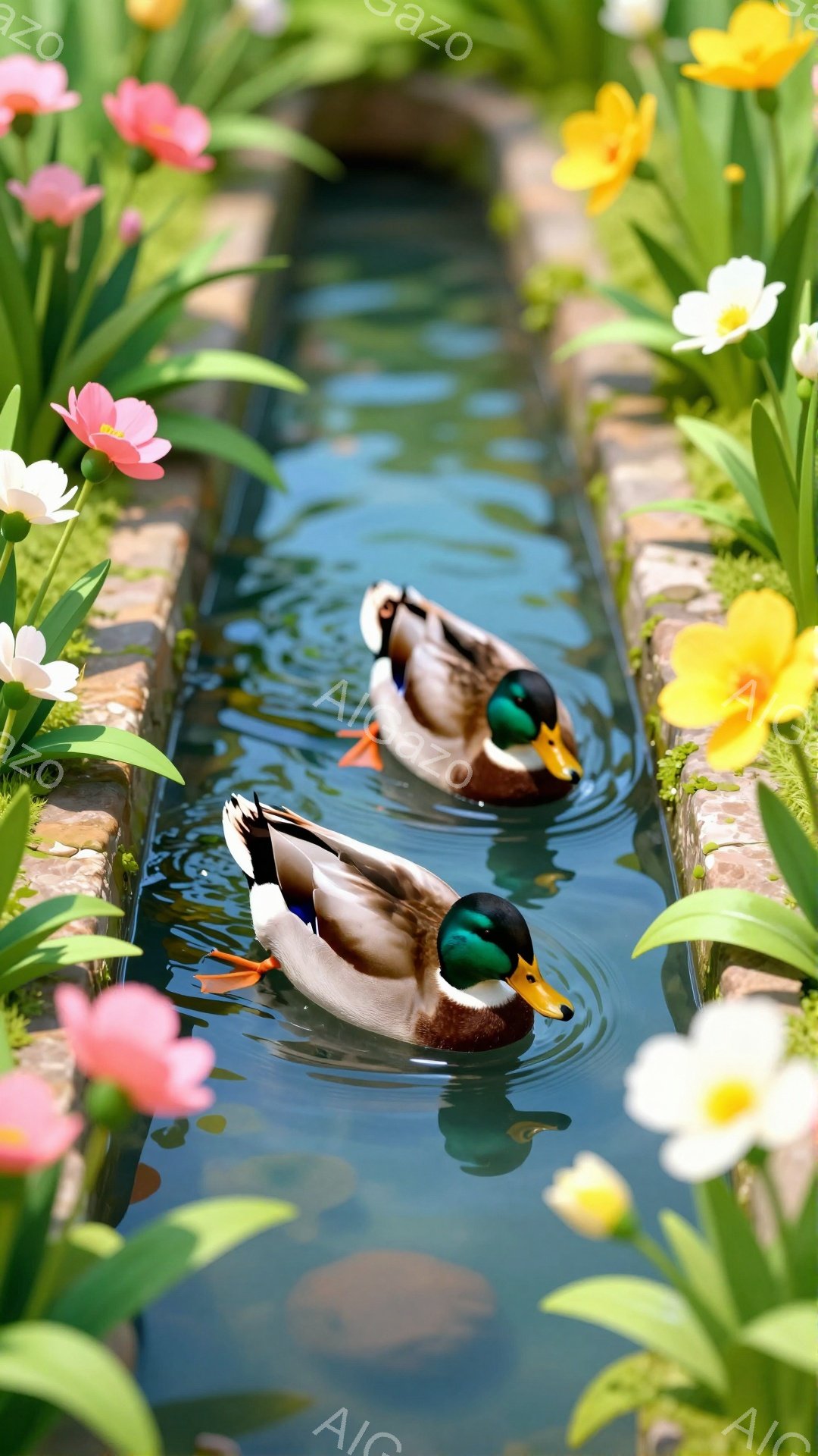 花壇の中を流れる水路で、2羽のアヒルが悠々と泳いでいる。 周囲には色とりどりの花が咲き乱れ、春の暖かさを感じさせる光景だ。 水面にはアヒルの影が映り込み、静かで穏やかな雰囲気を醸し出している。 - AI生成フリー素材