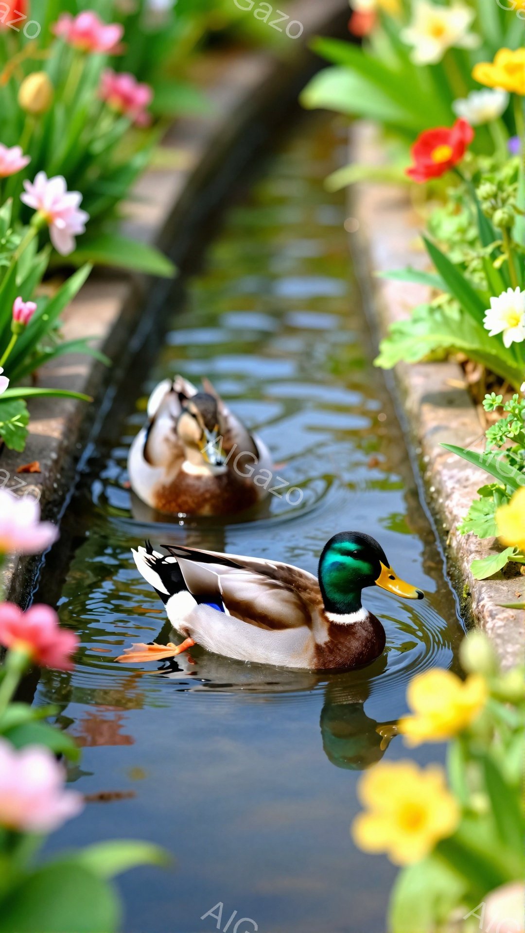 鮮やかな花々が咲き乱れる水路を、2羽のアヒルがゆったりと泳いでいる。緑色の頭が特徴的な雄アヒルと、茶色い雌アヒルが穏やかな時間を過ごしているようだ。水面には花々の色が映り込み、春らしい柔らかな雰囲気を - AI生成フリー素材