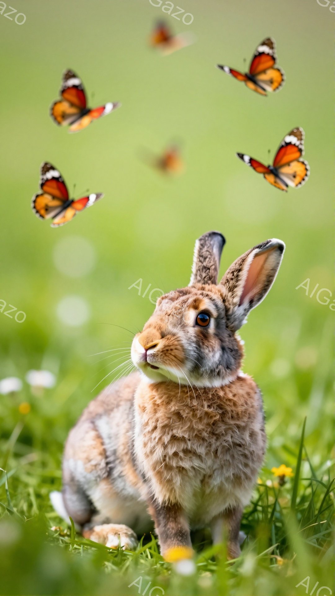 緑の草原に茶色のウサギが座っており、周囲にはたくさんのオレンジ色の蝶が舞っています。ウサギは少し顔を上げ、まるで蝶を眺めているかのような優しい表情をしています。暖かく穏やかな雰囲気の自然の風景です。 - AI生成フリー素材