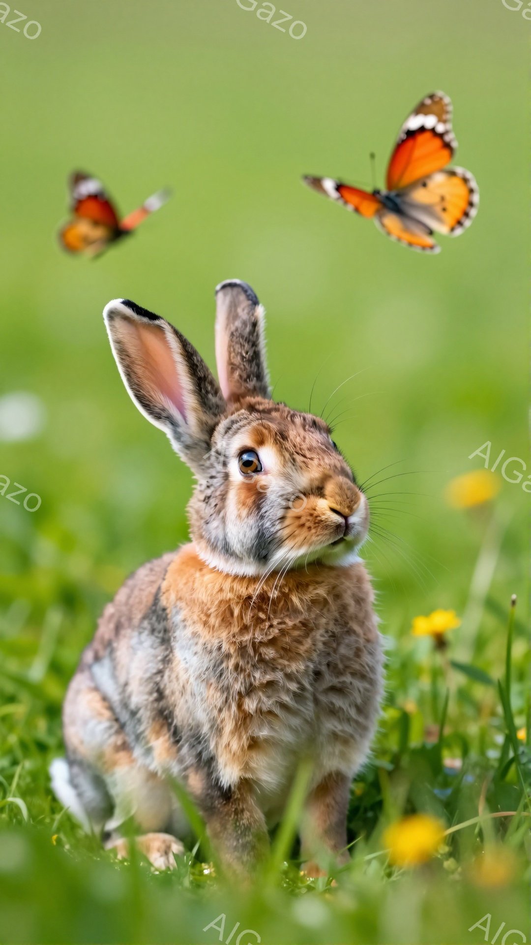 緑の草むらの中で、茶色のウサギがこちらを見ている。周囲には黄色い花が咲き、オレンジ色の蝶が舞っている様子が春の暖かさを感じさせる。ウサギの大きな耳と澄んだ瞳が印象的で、穏やかな時間が流れている。 - AI生成フリー素材