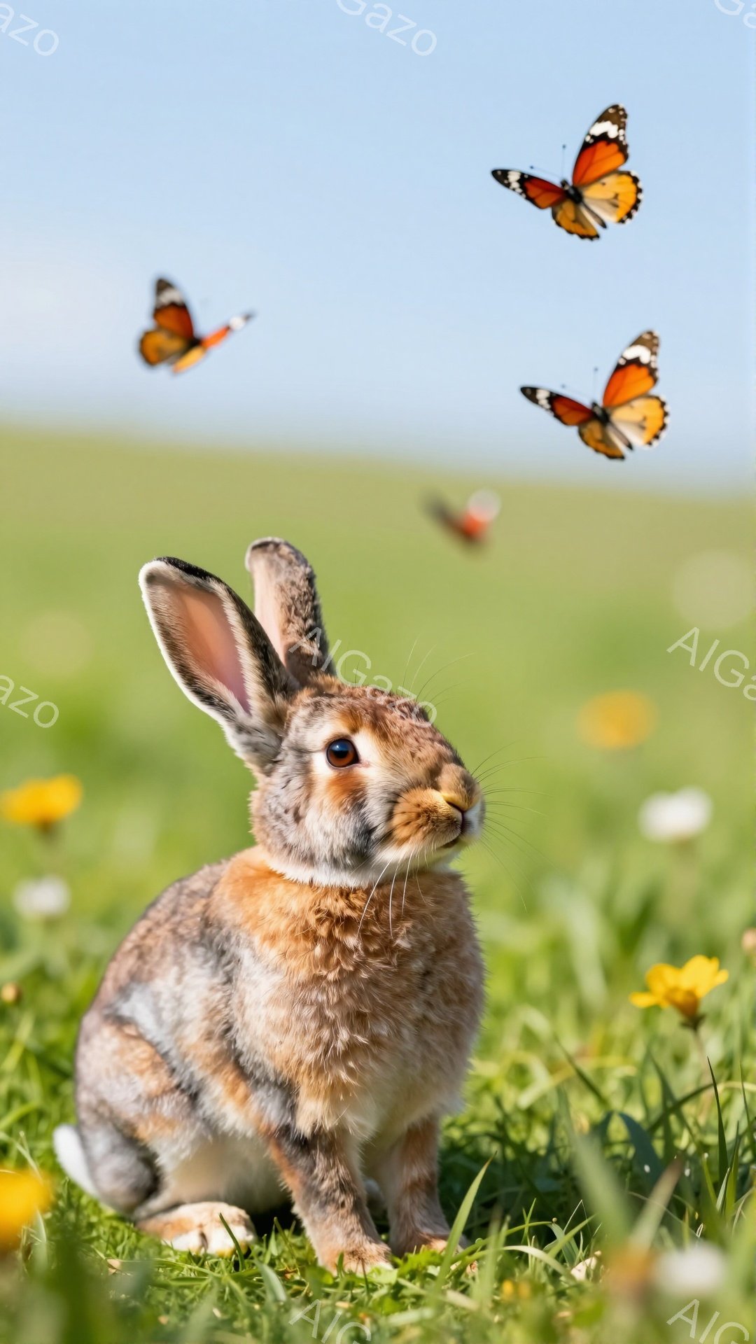 緑の草原で、かわいらしい茶色のウサギが座っています。周りには黄色い花が咲き、オレンジ色の蝶が飛び交い、穏やかで平和な雰囲気を醸し出しています。ウサギは少し警戒した表情でこちらを見ています。 - AI生成フリー素材