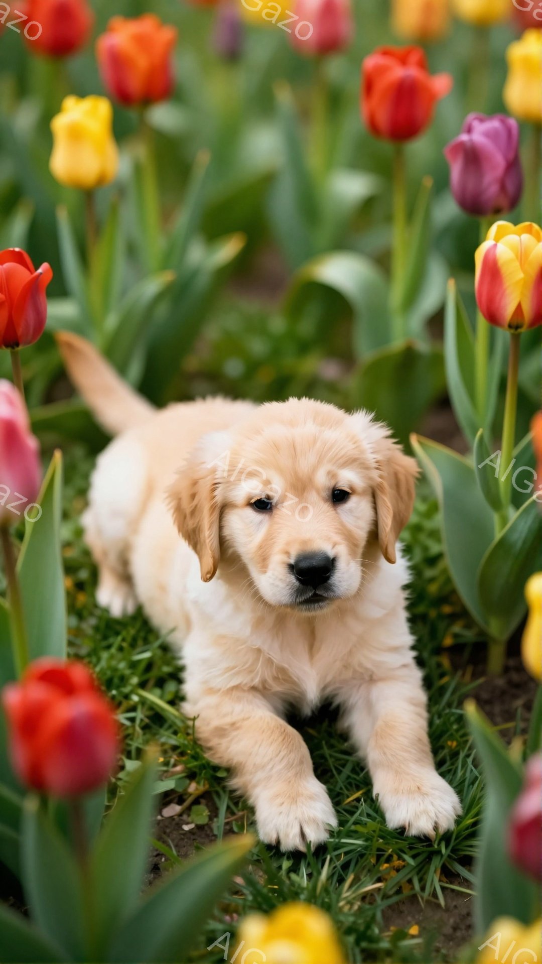 庭のチューリップの中に、黄金色のゴールデンレトリバーの子犬が横たわっています。子犬は正面を見つめ、毛並みは柔らかく、愛らしい表情をしています。背景の花の色とりどりが、子犬の暖かさをさらに引き立てていま - AI生成フリー素材