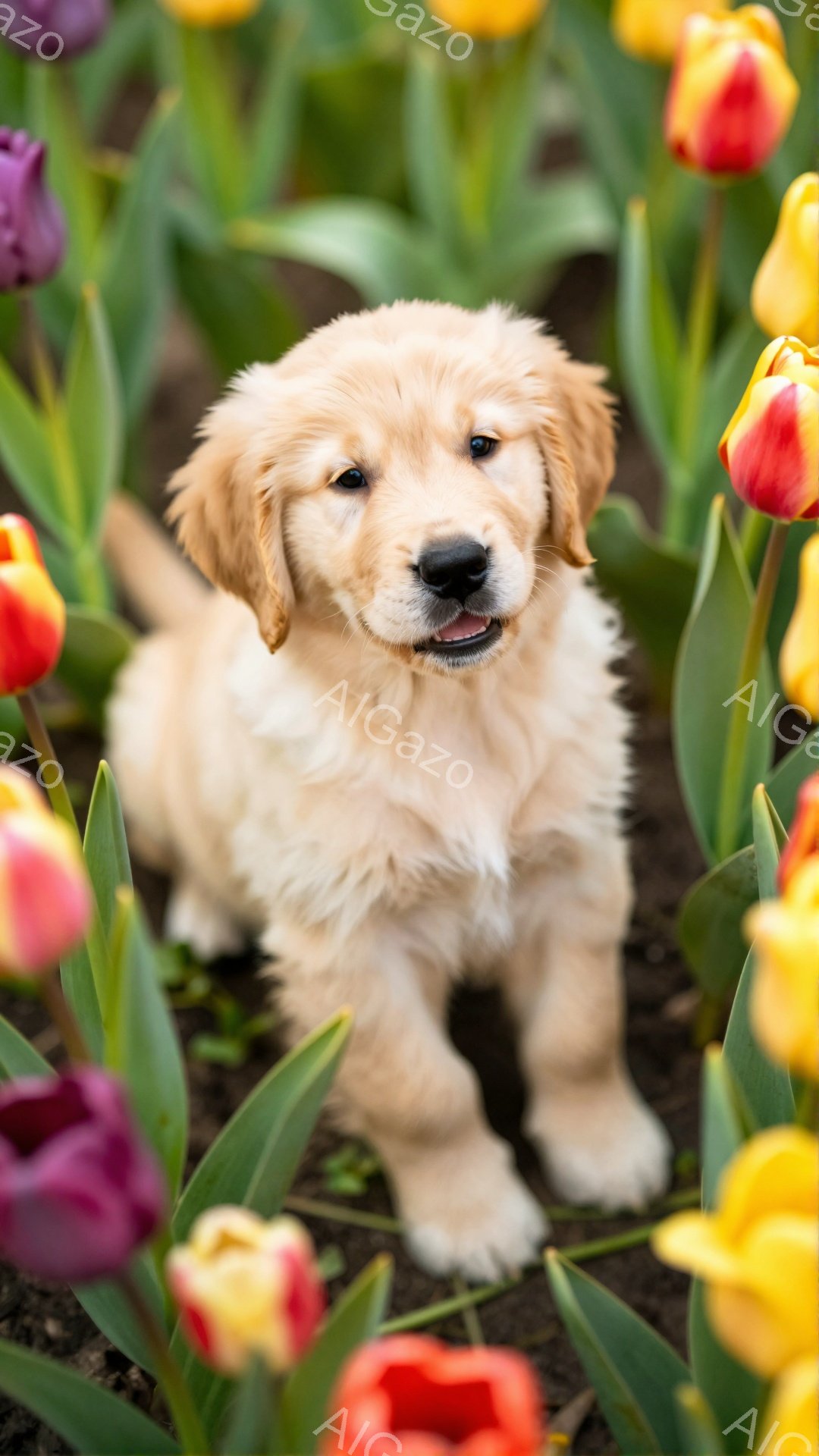柔らかい毛並みのゴールデンレトリバーの子犬が、色とりどりのチューリップに囲まれて地面に座っています。子犬は正面を見ており、口元は少し開いていて、元気いっぱいの表情です。春らしい明るい雰囲気で、可愛らし - AI生成フリー素材
