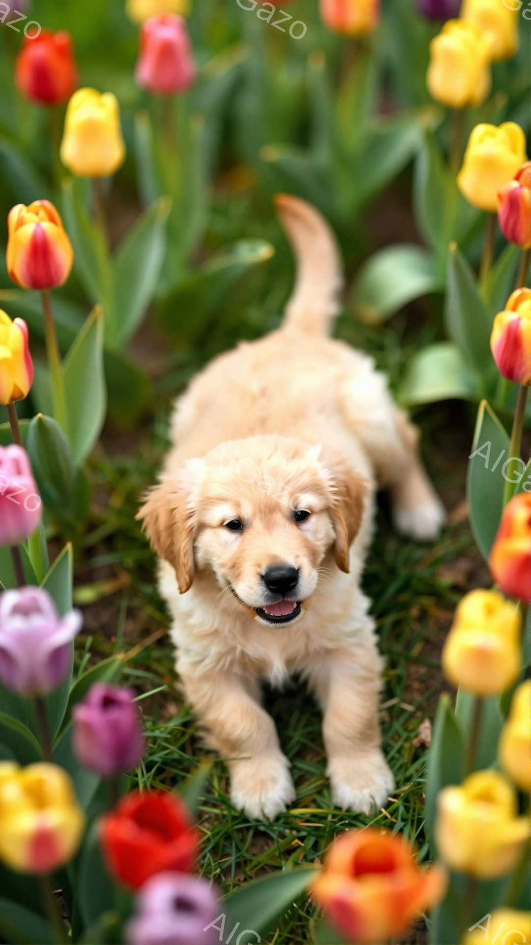 明るい色のチューリップ畑の中で、子犬が元気いっぱいに歩いています。ふわふわとした毛並みと愛らしい表情が印象的で、春らしい暖かく幸せな雰囲気が漂っています。背景は様々な色のチューリップで埋め尽くされ、可 - AI生成フリー素材