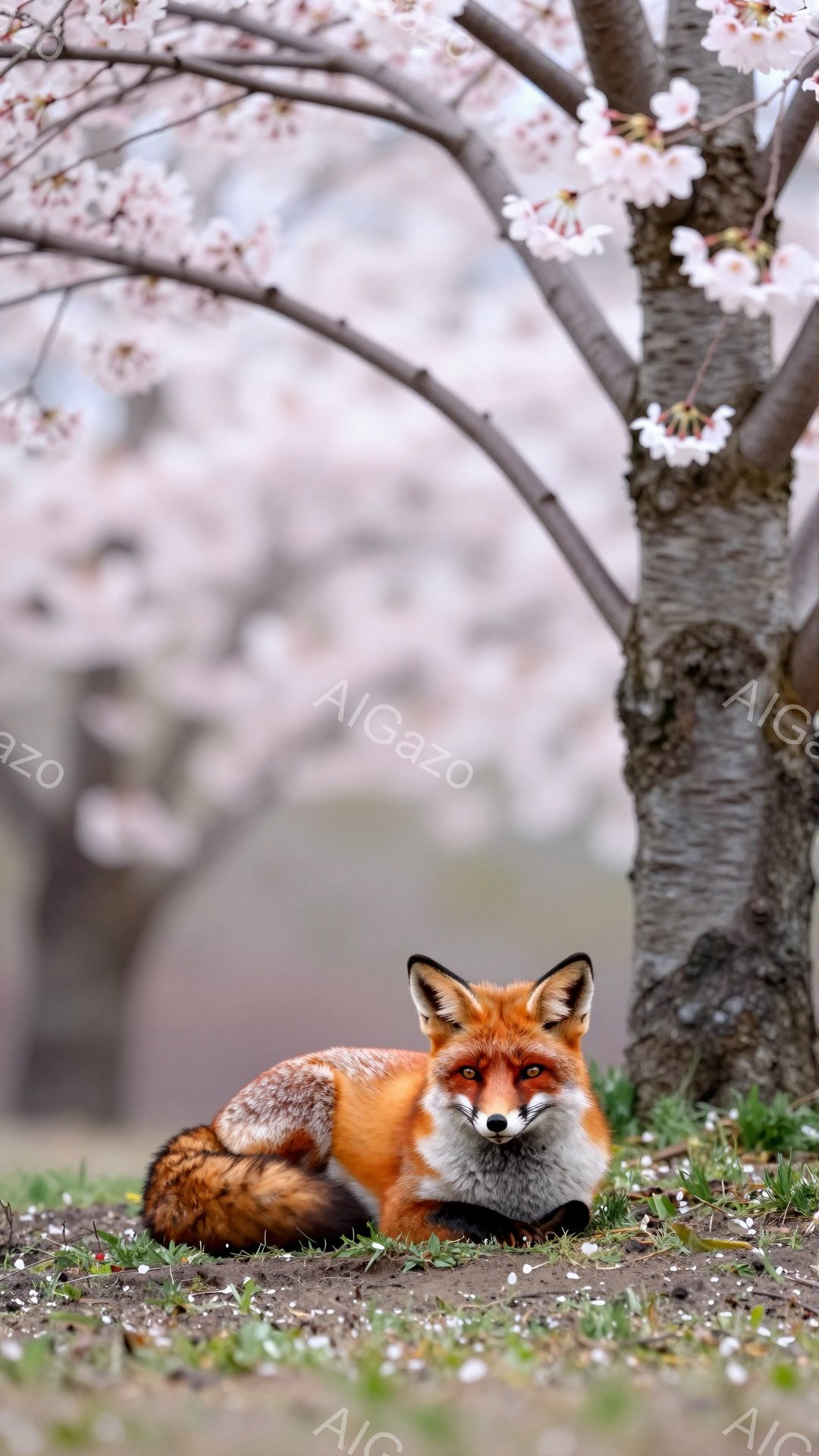 鮮やかな毛並みの狐が、桜の木の根元でリラックスして横たわっています。背景には桜の花びらが舞い、春の穏やかな雰囲気が漂っています。柔らかな光が狐を照らし、その表情はどこか神秘的です。